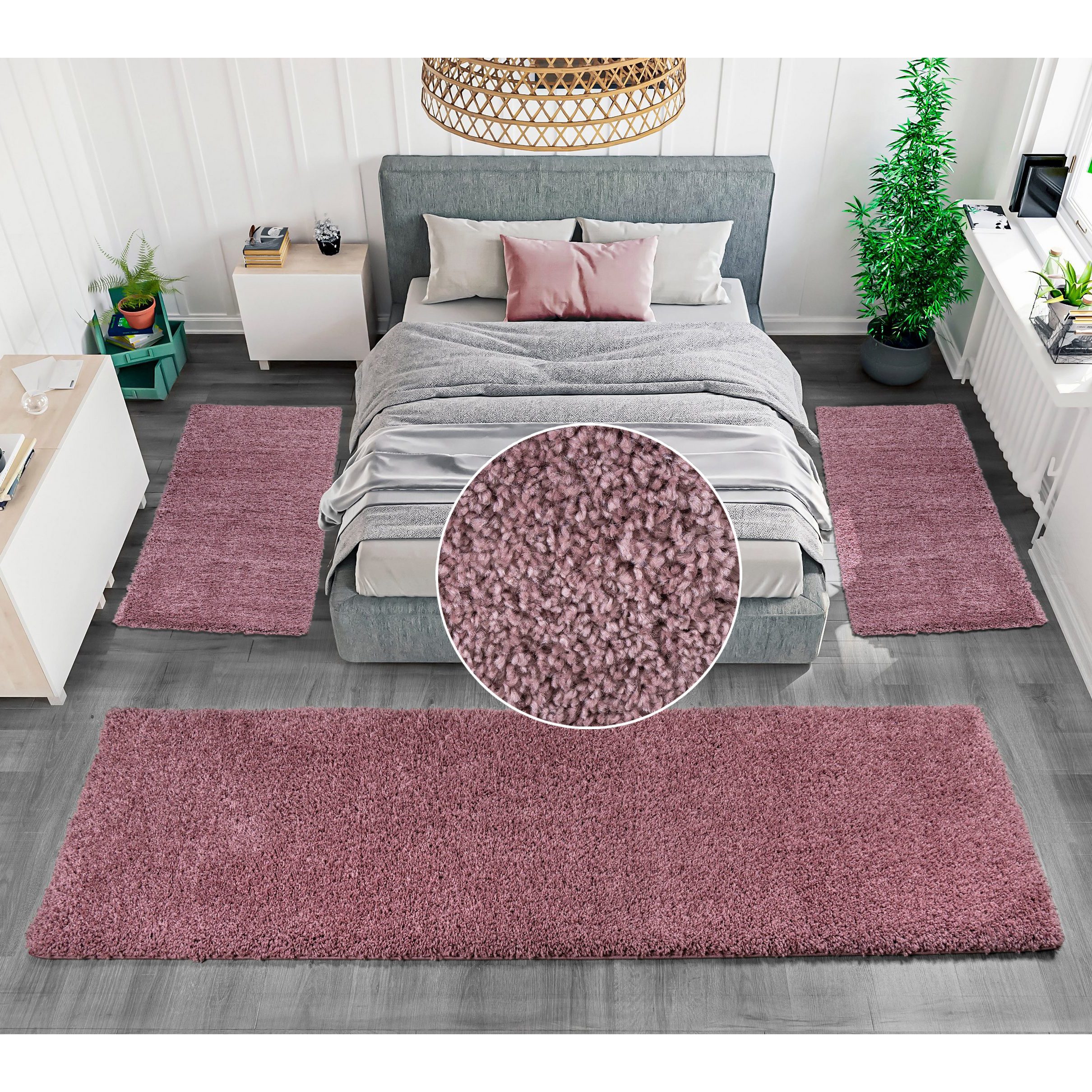 Bruno Banani Bettumrandung Shaggy Soft, Höhe 30 mm, (3-tlg), gewebt, Uni-Farben, besonders weich, Bettvorleger, Läufer-Set