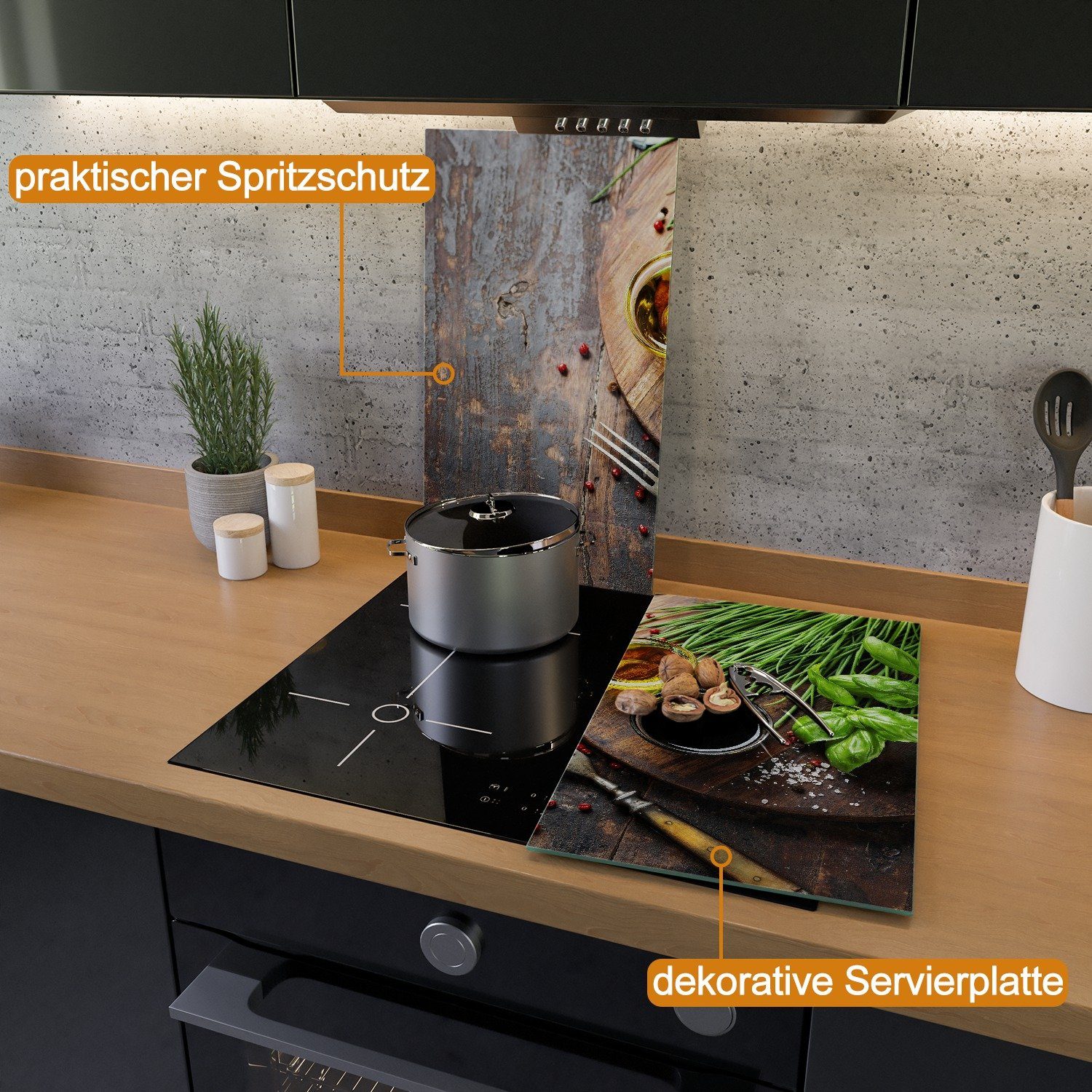 Wallario Herd-Abdeckplatte Kräuter, Öle und Gewürze auf einem Holzbrett, ESG-Sicherheitsglas, (Glasplatte, 2 tlg., inkl. 5mm Noppen), verschiedene Größen
