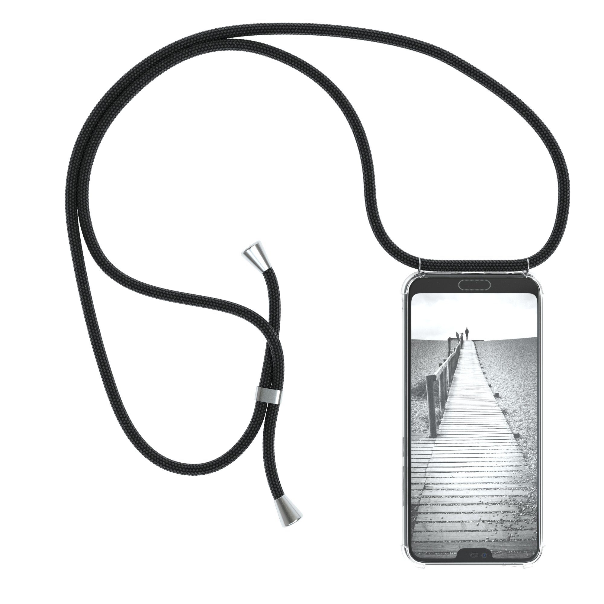 EAZY CASE Handykette Hülle mit Kette für Honor 10 5,84 Zoll, Handykette Hülle mit Band Slimcover Schutzhülle Schwarz Clips Silber