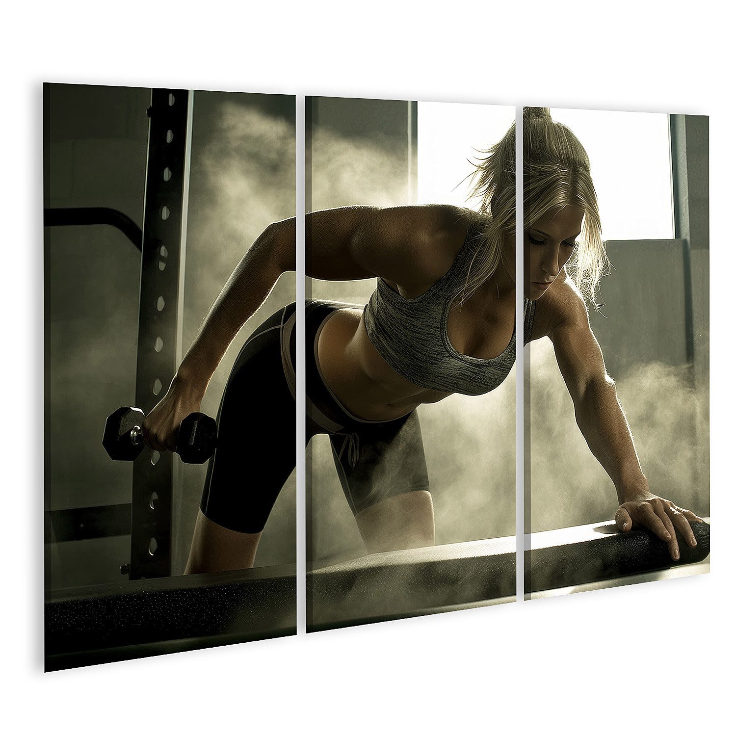 islandburner Leinwandbild, Frau trainiert intensiv im Fitnessstudio mit Hanteln