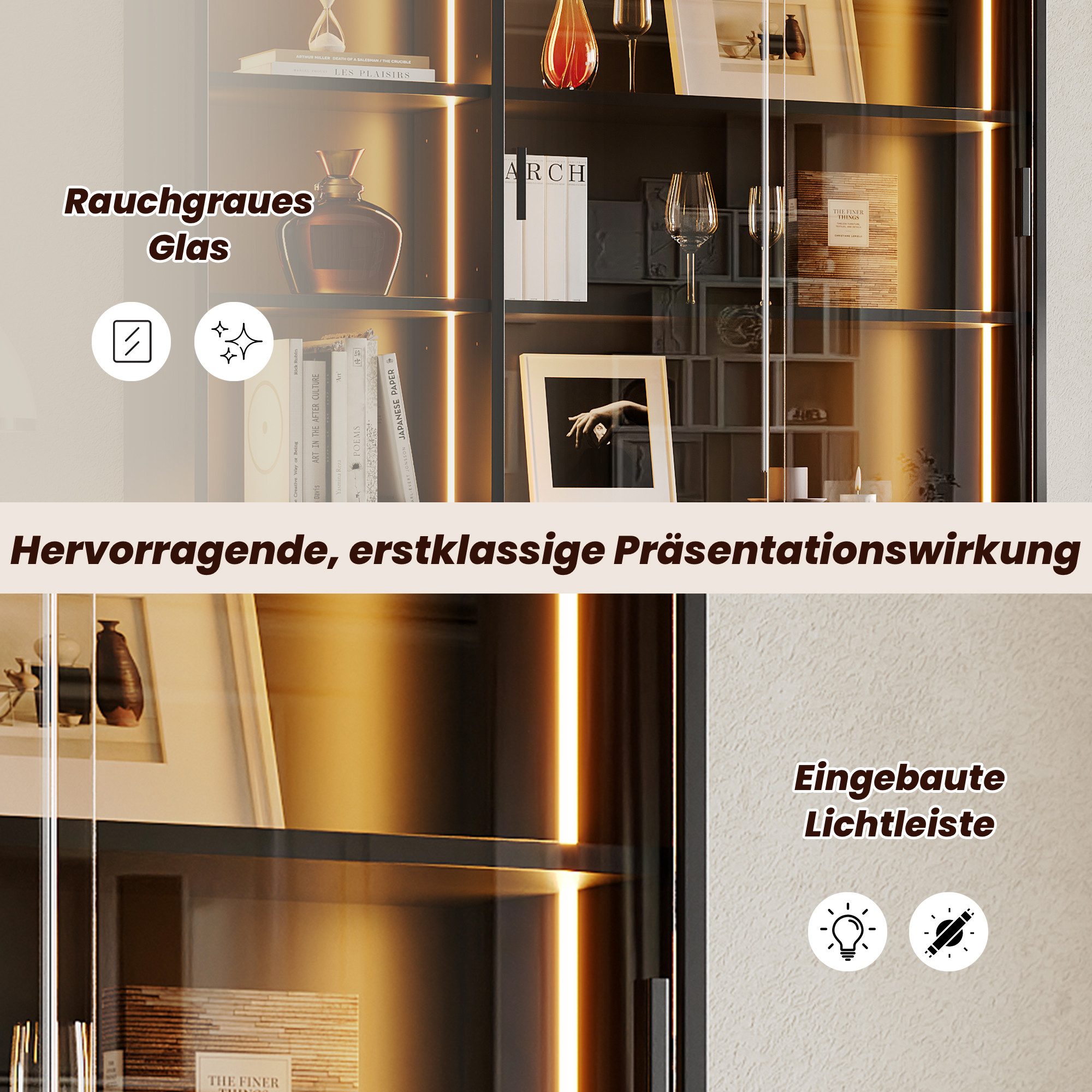 Flieks Glasvitrine mit LED-Beleuchtung, 4 Glasschiebetüren, 3 Schubladen, Klappablage (Wohnzimmerschrank mit verstellbarer Einlegeböden, 1-St., 120x28,5x180 cm) – Bild 5 von 5
