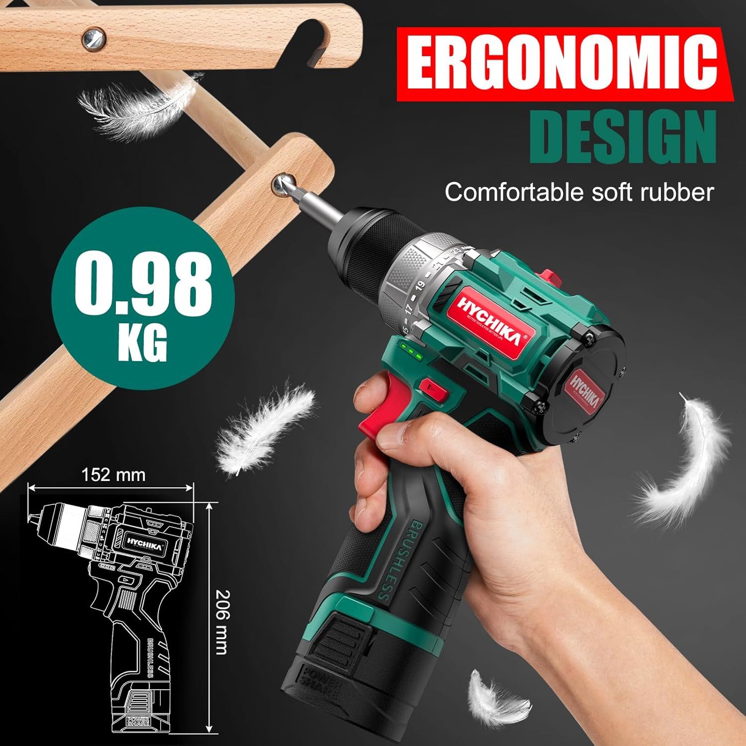 HYCHIKA BETTER TOOLS FOR BETTER LIFE Akku-Schraubendreher 16.8V Brushless Drill Screwdriver, 45 Nm Max, 1500 U/min, 45 Nm