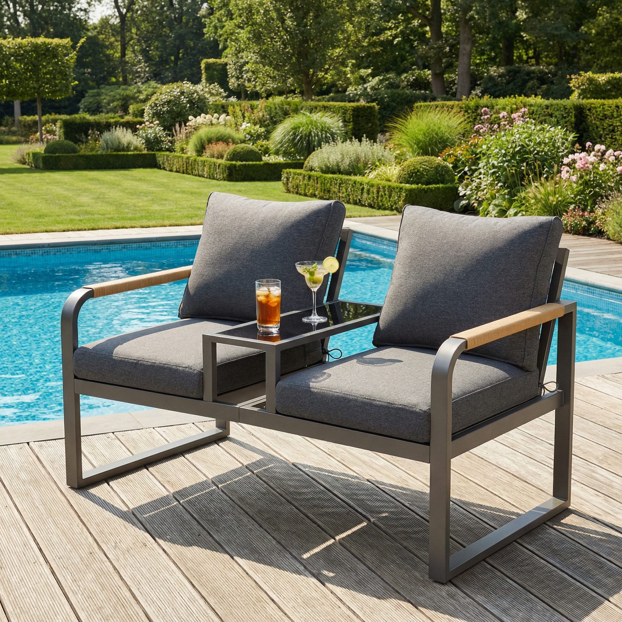 Odikalo Gartenlounge-Set Gartenmöbel-Set 2-Sitzer mit Glasplatte, (verzinkter Stahl, eflochtenen Armlehnen, Industriestil)