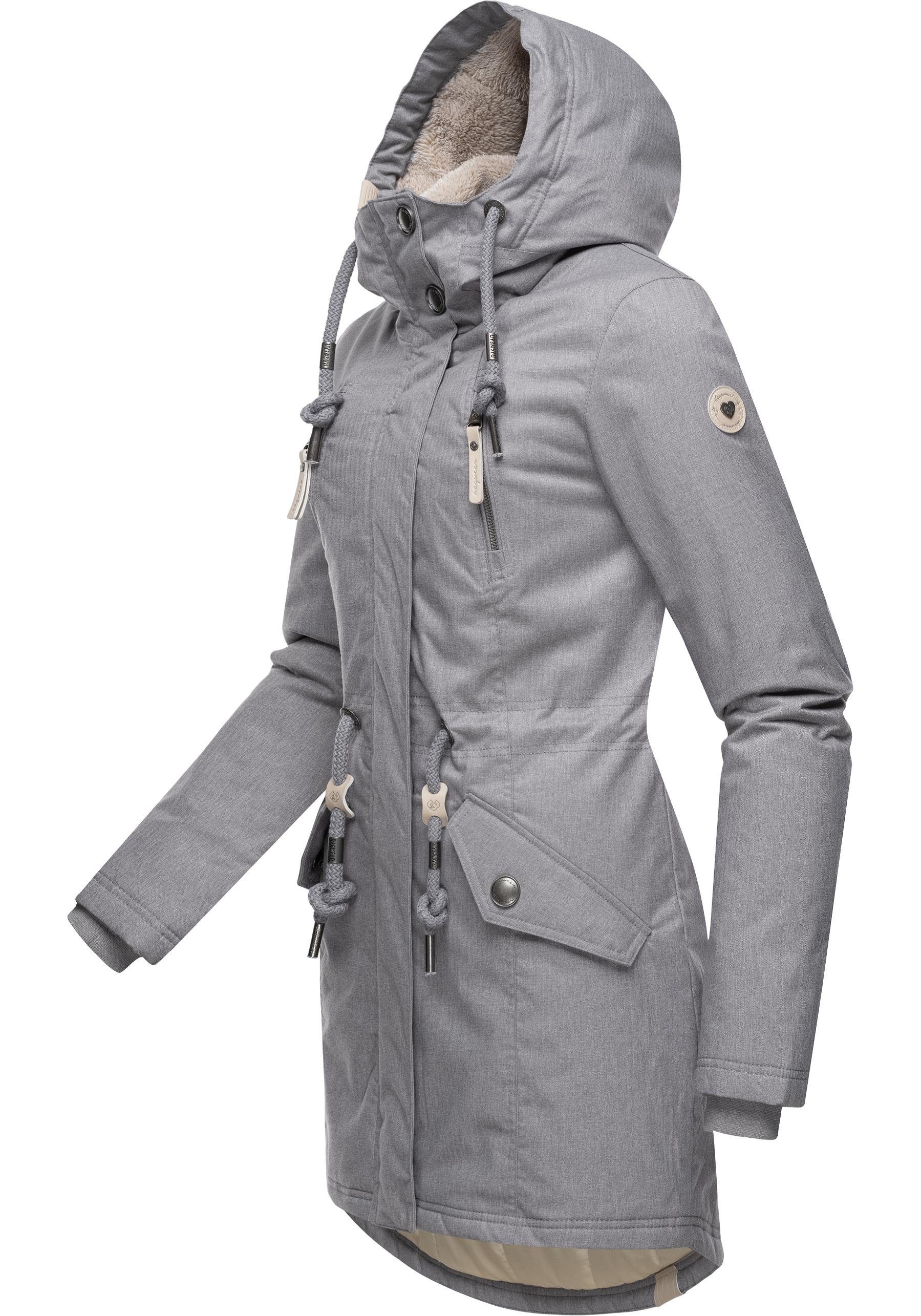 Ragwear Wintermantel Elsie Melange wasserdichter Winterparka mit Kapuze und Teddyfleece