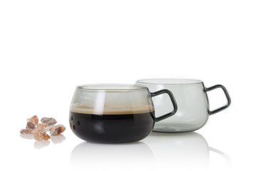 AdHoc Tasse Set aus zwei Tassen mit Griff Yuna, Borosilikatglas, mundgeblasenes Unikat in Rauchgrau