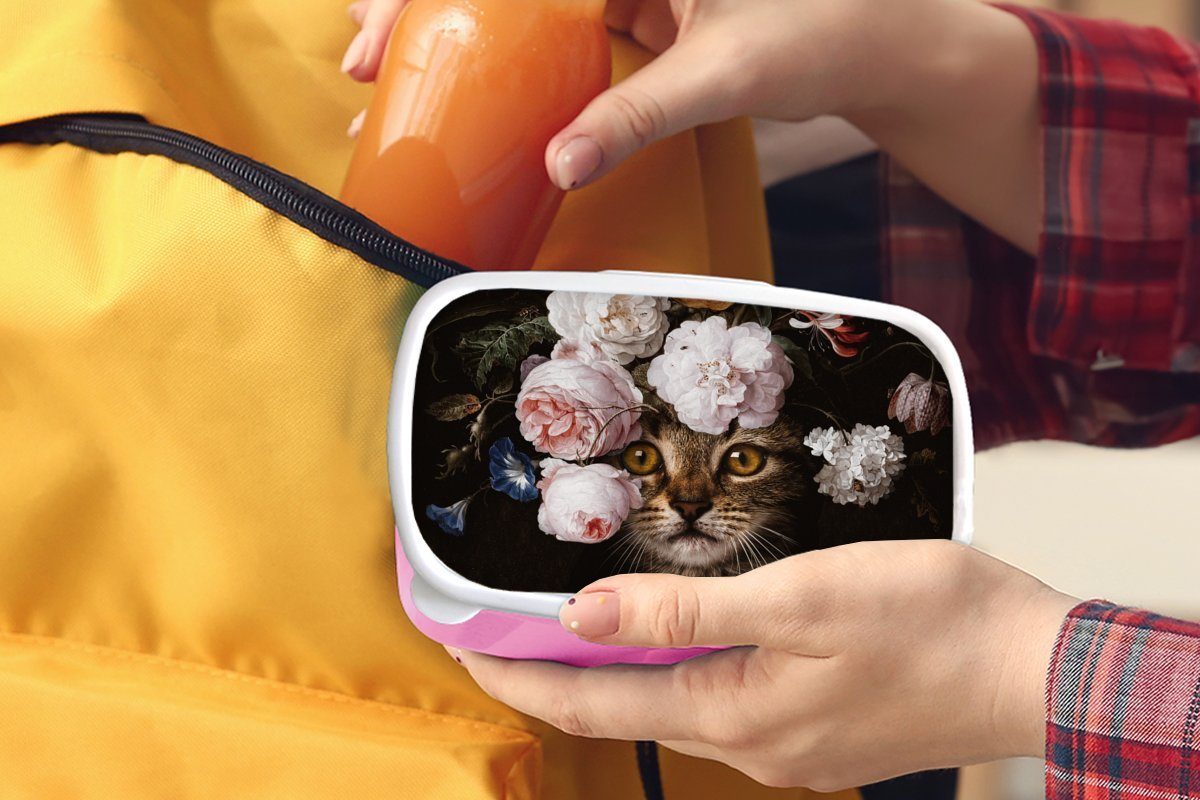 Kunst, Erwachsene, - (2-tlg), - Lunchbox Brotdose MuchoWow rosa Kunststoff für Blumen Brotbox Snackbox, Kinder, Katze Kunststoff, Mädchen,