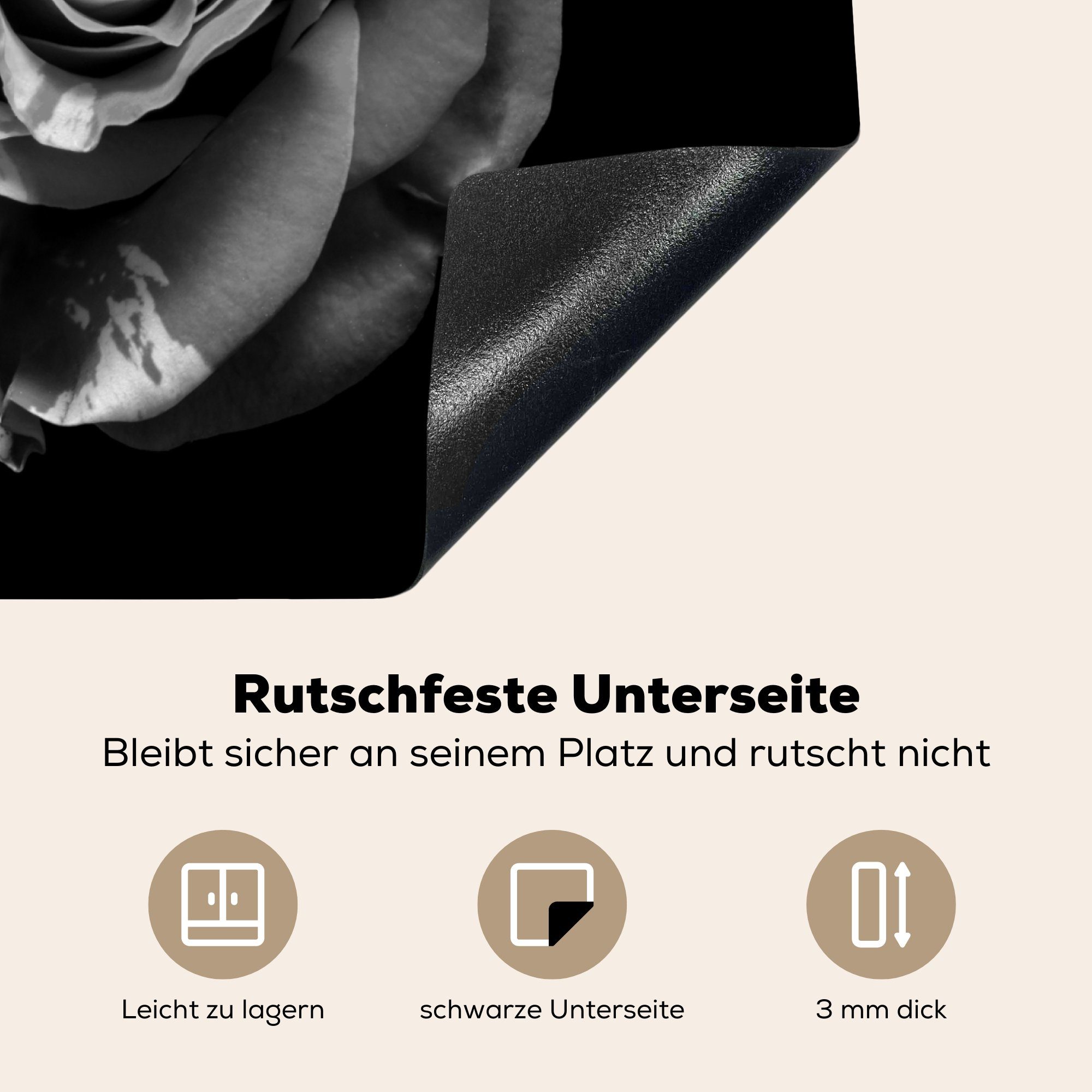 Induktionskochfeld, (1 - Rose - - Herdblende-/Abdeckplatte Blumen Ceranfeldabdeckung tlg), Botanisch, MuchoWow Induktionsschutz, Vinyl, - Schwarz 57x51 Weiß cm,