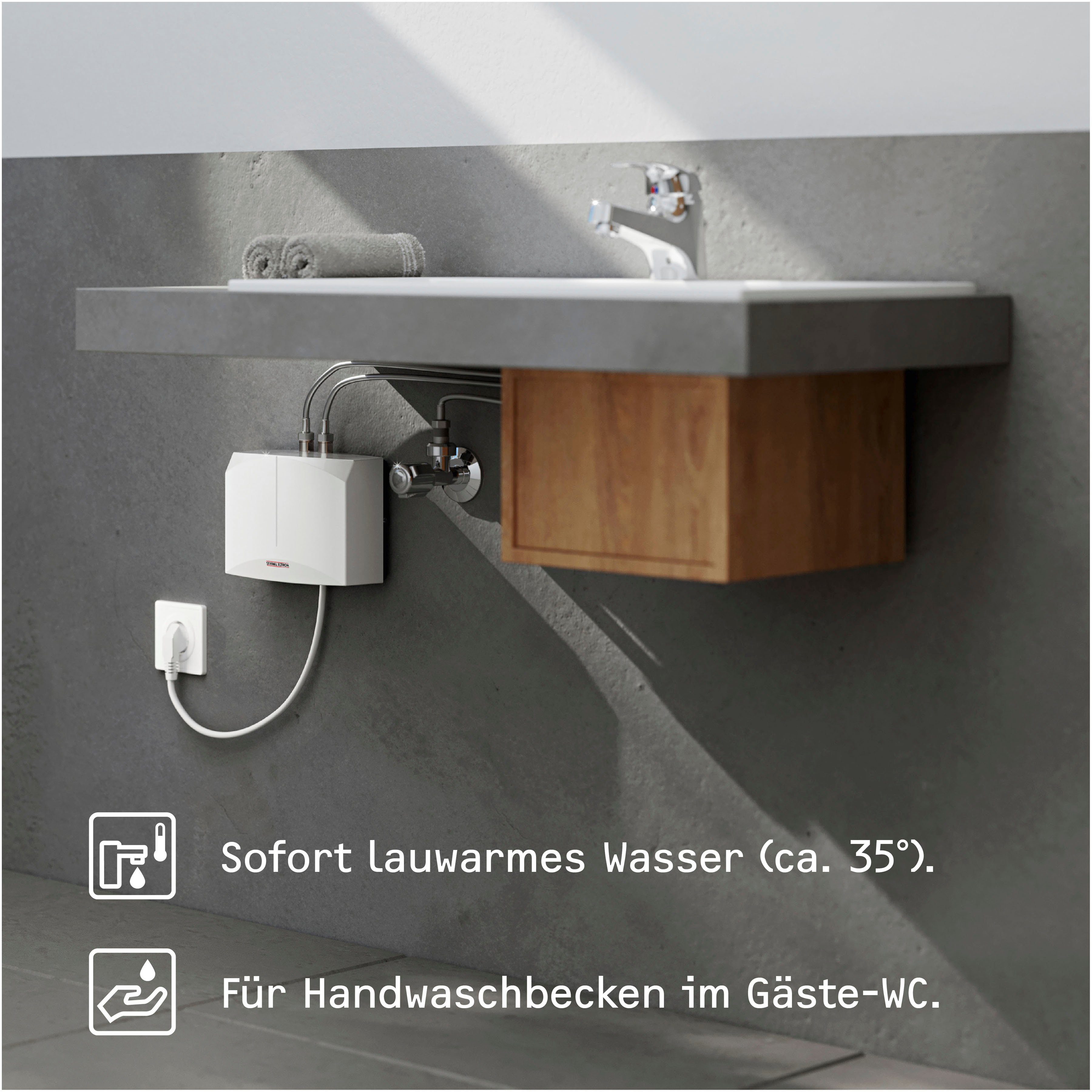 STIEBEL ELTRON Klein-Durchlauferhitzer DNM 3 für Handwaschbecken, 3,5 kW, m. Stecker, hydraulisch, 230V, hydraulisch, drucklos