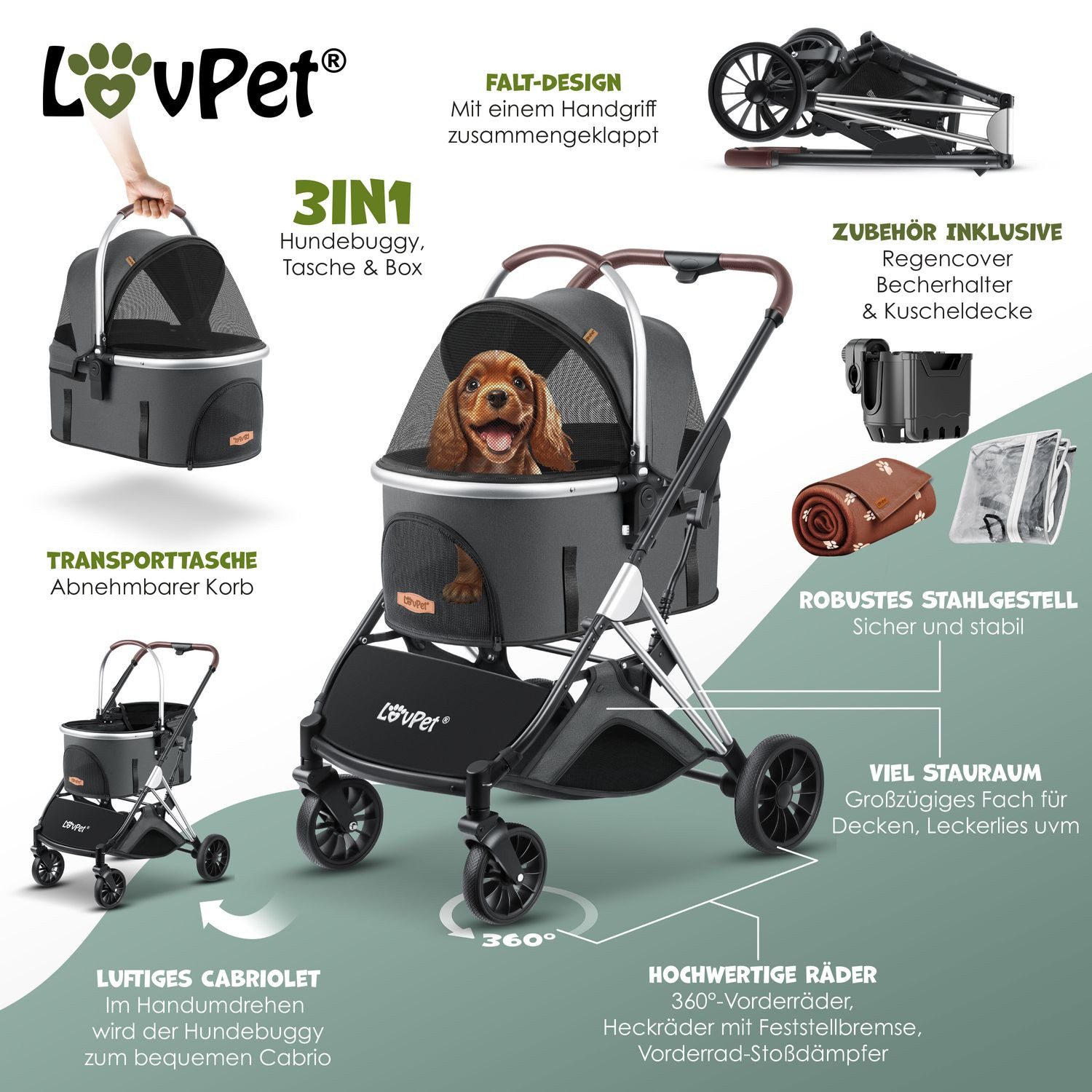 Lovpet Hundebuggy 3in1 Hundewagen max. bis 20kg Buggy für Haustiere, (Hunde günstig online kaufen