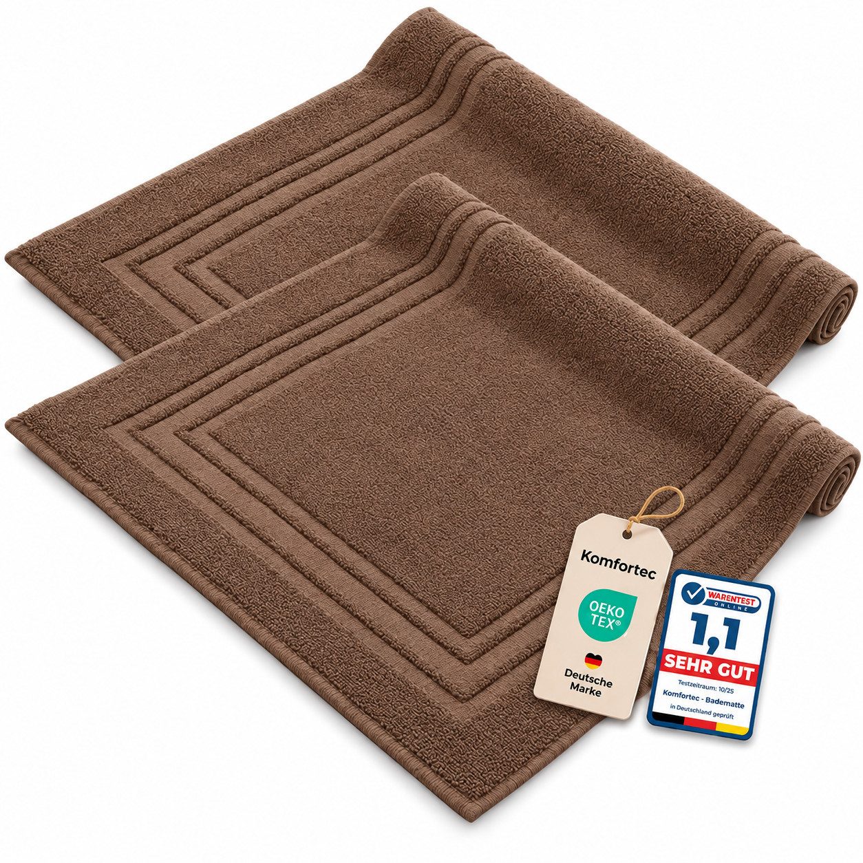Komfortec Badematte 2er Badetuch Set aus 100% Baumwolle 50x70 cm Extra Weich & Saugstark, Rechteckig, 600 g/m²