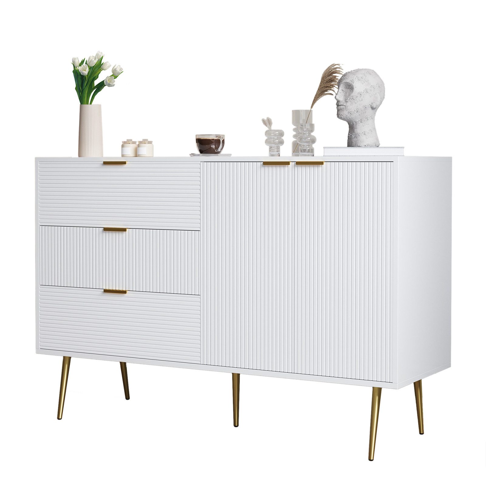 Yorbay Sideboard Beistellschrank mit 2 Türen und 3 Schubladen, Kommode, mit goldenen Griffen und Beinen für Esszimmer, Wohnzimmer
