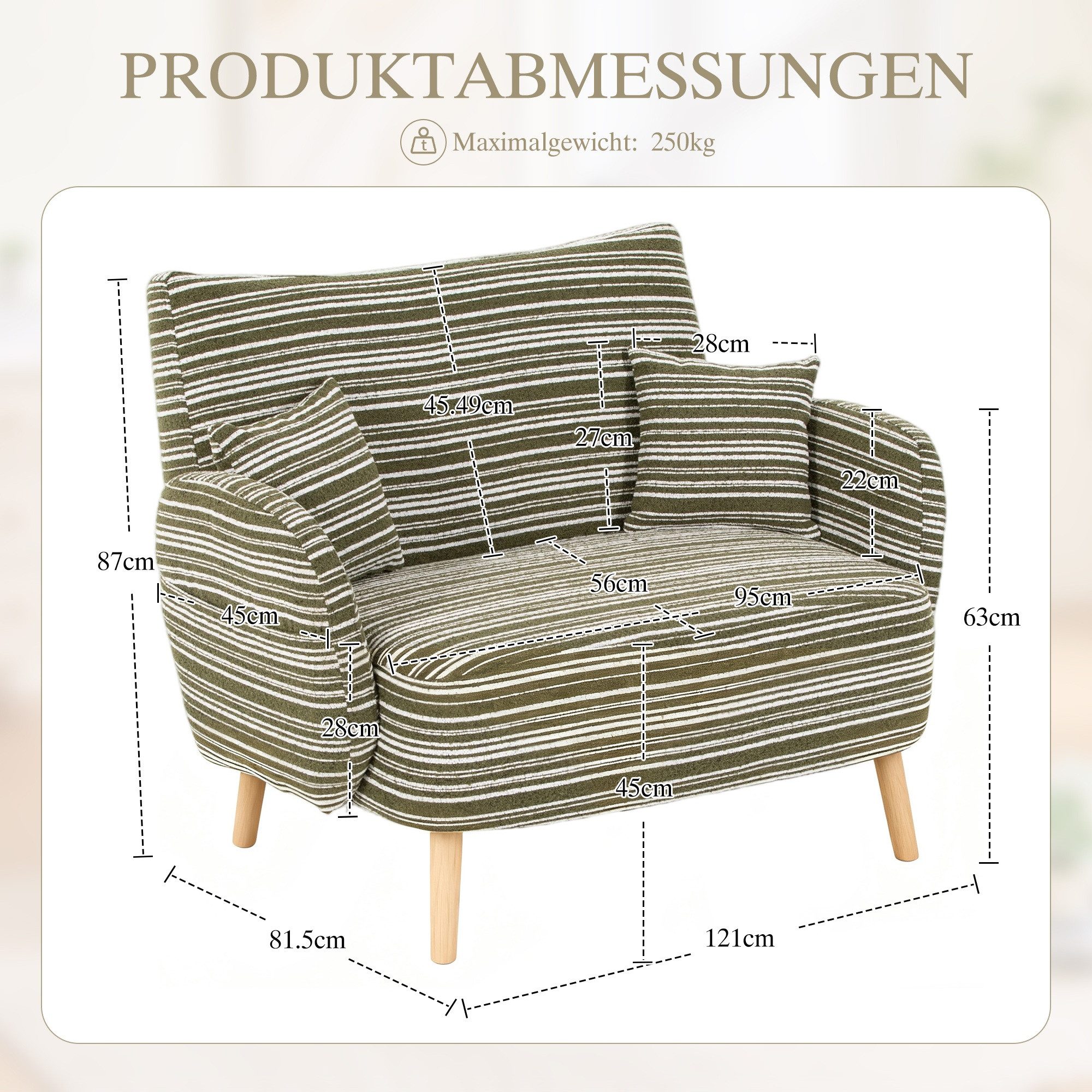 LVHOM XXL-Sessel Loungesofa, weich und bequem, Seitentaschen, Massivholzbeine (geschwungene Rückenlehne und Armlehnen, zwei kleine,bis zu 250kg, abnehmbare und waschbare Zierkissen, kombinierbar mit der gleichen Serie von Sessel), für Schlafzimmer/Wohnzimmer/Arbeitszimmer/Lesezimmer/Apartment
