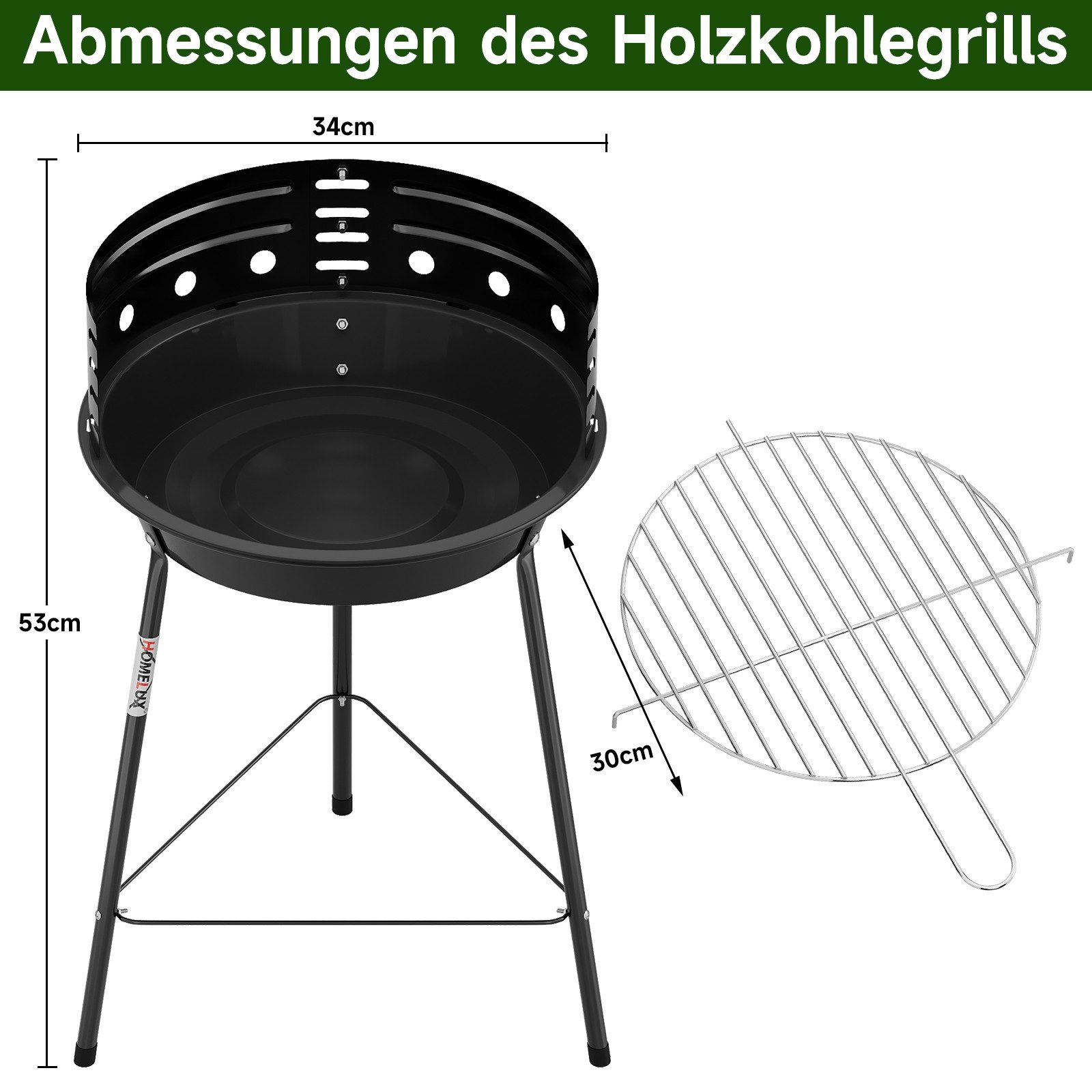 HOMELUX Holzkohlegrill Holzkohlegrillwagen BBQ Grill, 53 x 34 cm Standgrill, Set, Ideal für Picknick, Garten Camping