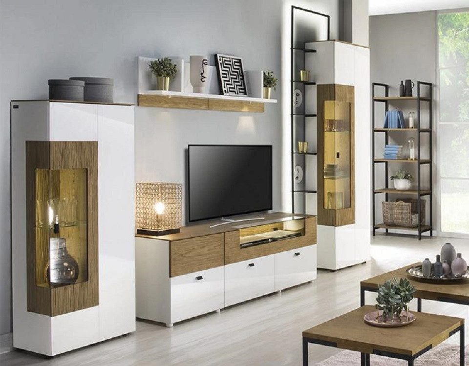 JVmoebel Wohnwand Elegantes TV-Lowboard mit Vitrinen in Hochglanz Weiß, (5-St., Regal), Made in Europa
