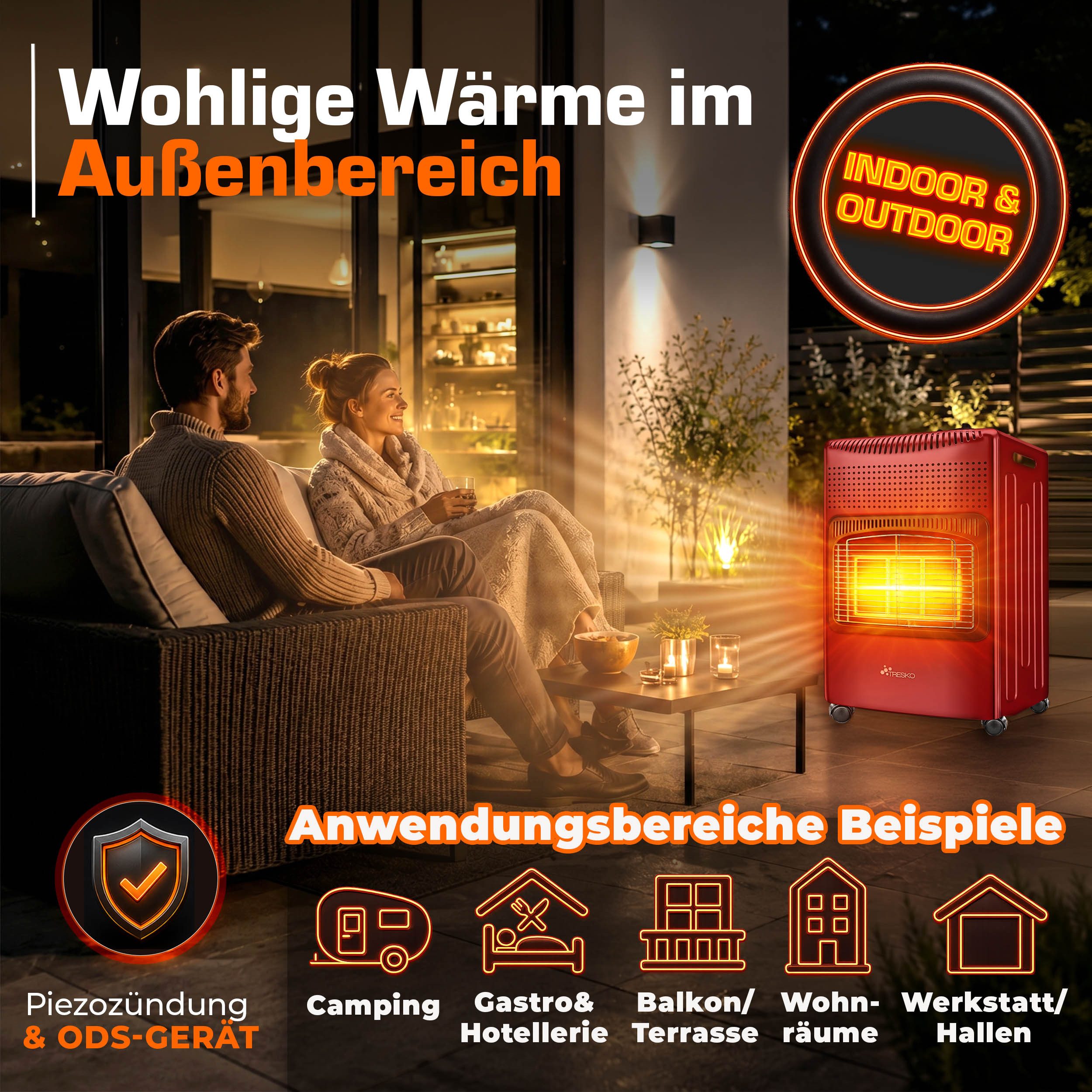 TRESKO Heizstrahler 4200 W Gasheizung + Abdeckung Gasheizer 3 Stufen Gasofen Gasheizofen