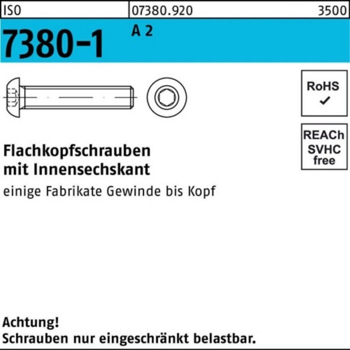 Reyher Schraube 500er Pack Flachkopfschraube ISO 7380-1 Innen-6kt M5x 40 A 2 500 Stüc