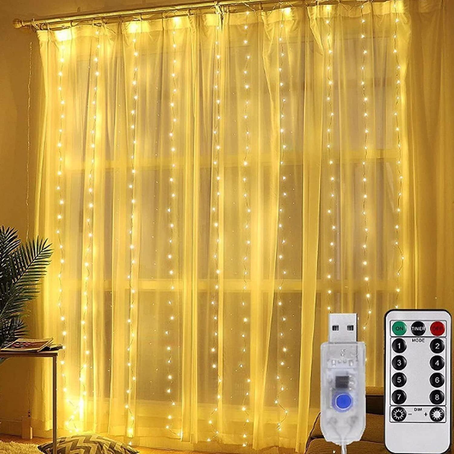 LANOR LED Dekolicht LED-Vorhangleuchte, 3x3m 300 Lichter (warmweiß), Fernbedienung, 8 Modi, LED-Kupferdraht-Vorhangbeleuchtung, Weihnachtsdekoration mit Haken