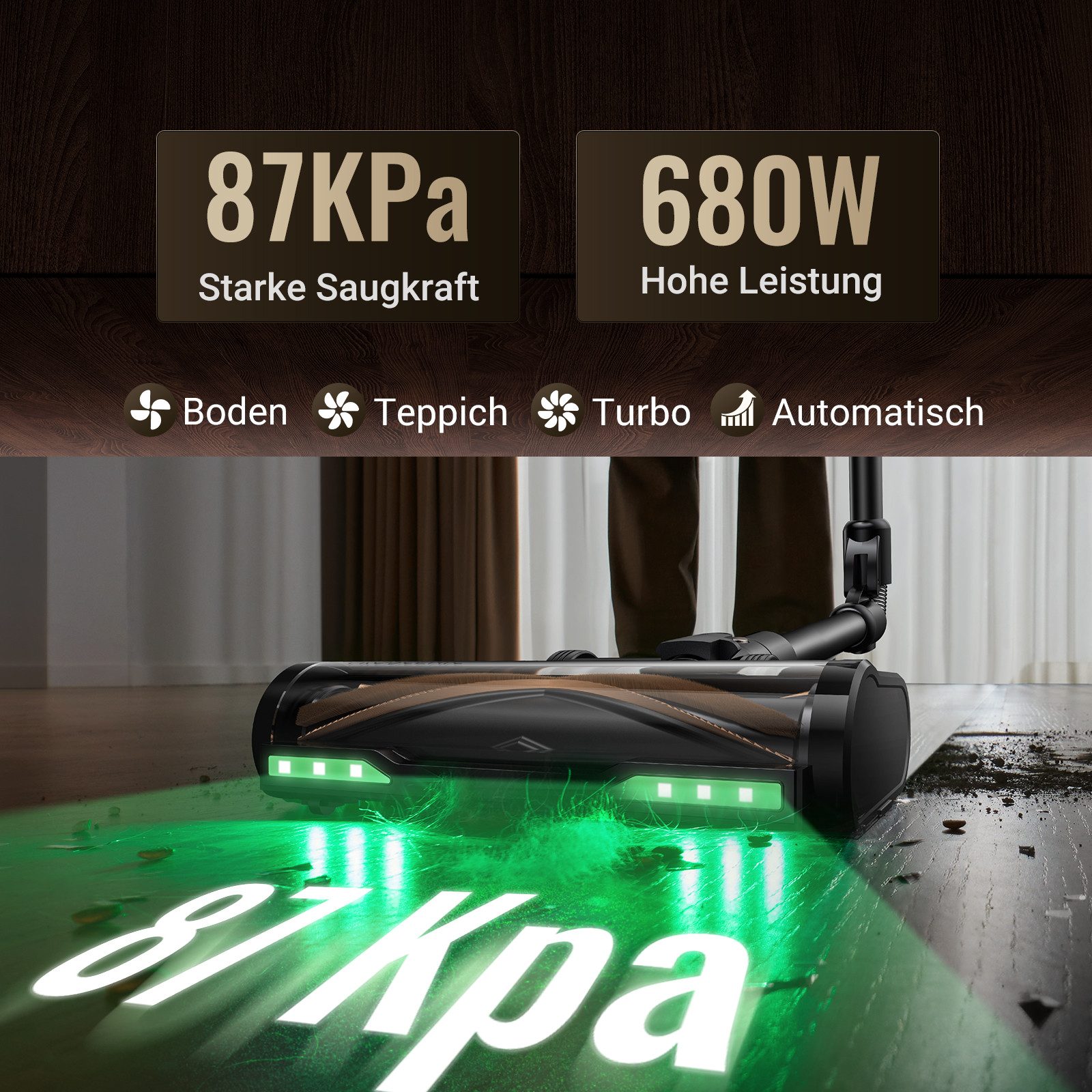 Proscenic Akku-Hand-und Stielstaubsauger kabellos, All in 1,87000PA/680W/70Min, Teppicherkennung, 680 W, beutellos, Teppicherkennung Klappstange, zur Reinigung unter niedrigen Möbeln