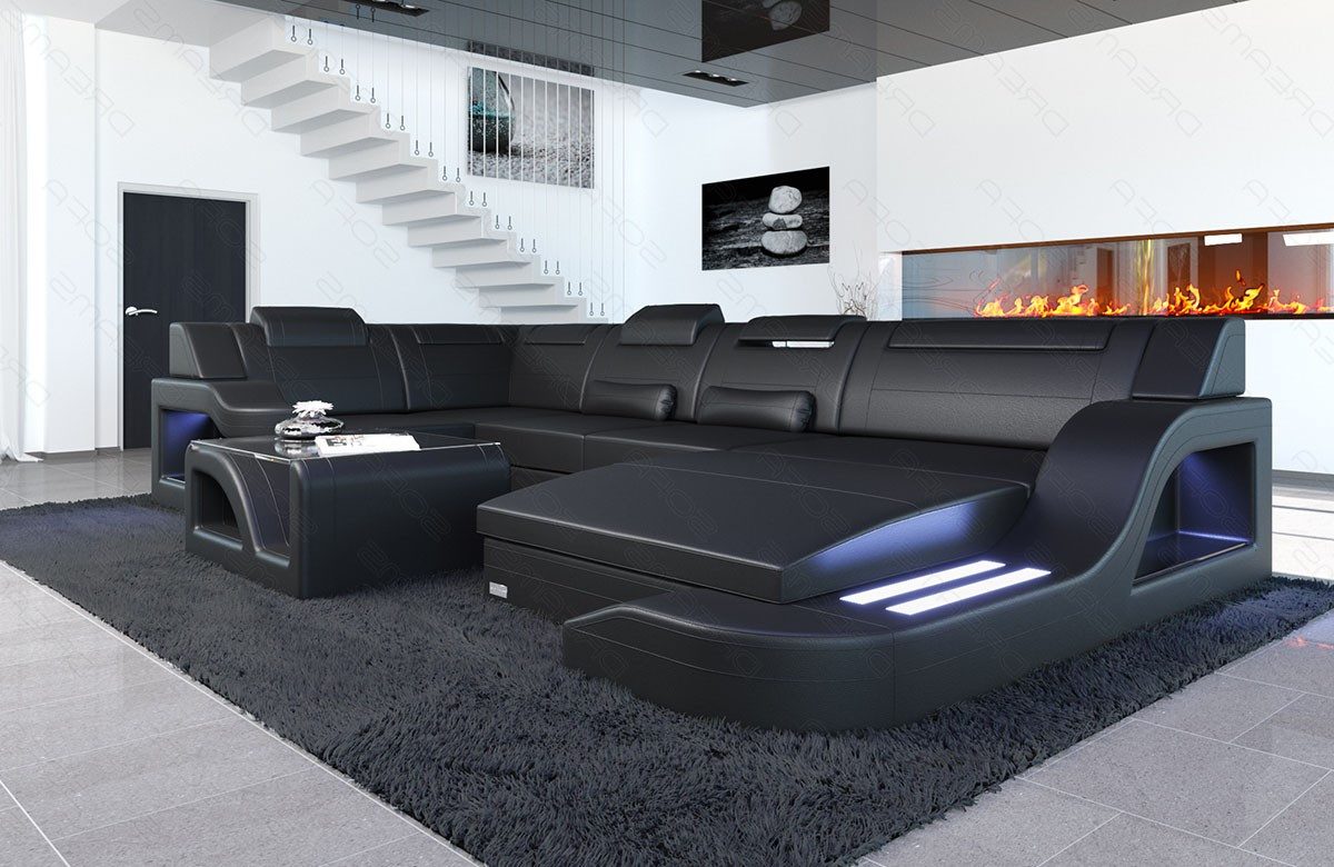 Sofa Dreams Wohnlandschaft Ledersofa Palermo U Form Mini, Designersofa Couch, mit LED Licht und USB Anschluss