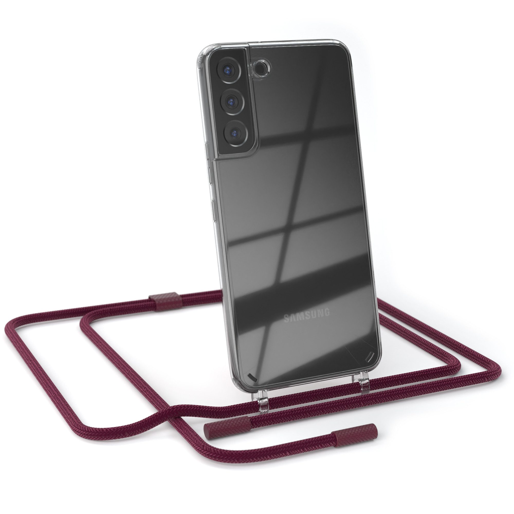 EAZY CASE Handykette Silikon Kette Unifarbe für Galaxy S22 Plus / S22+ 6,6 Zoll, Silicon Handyhülle mit breiter Kette Carabiner Bordeaux Rot Beere