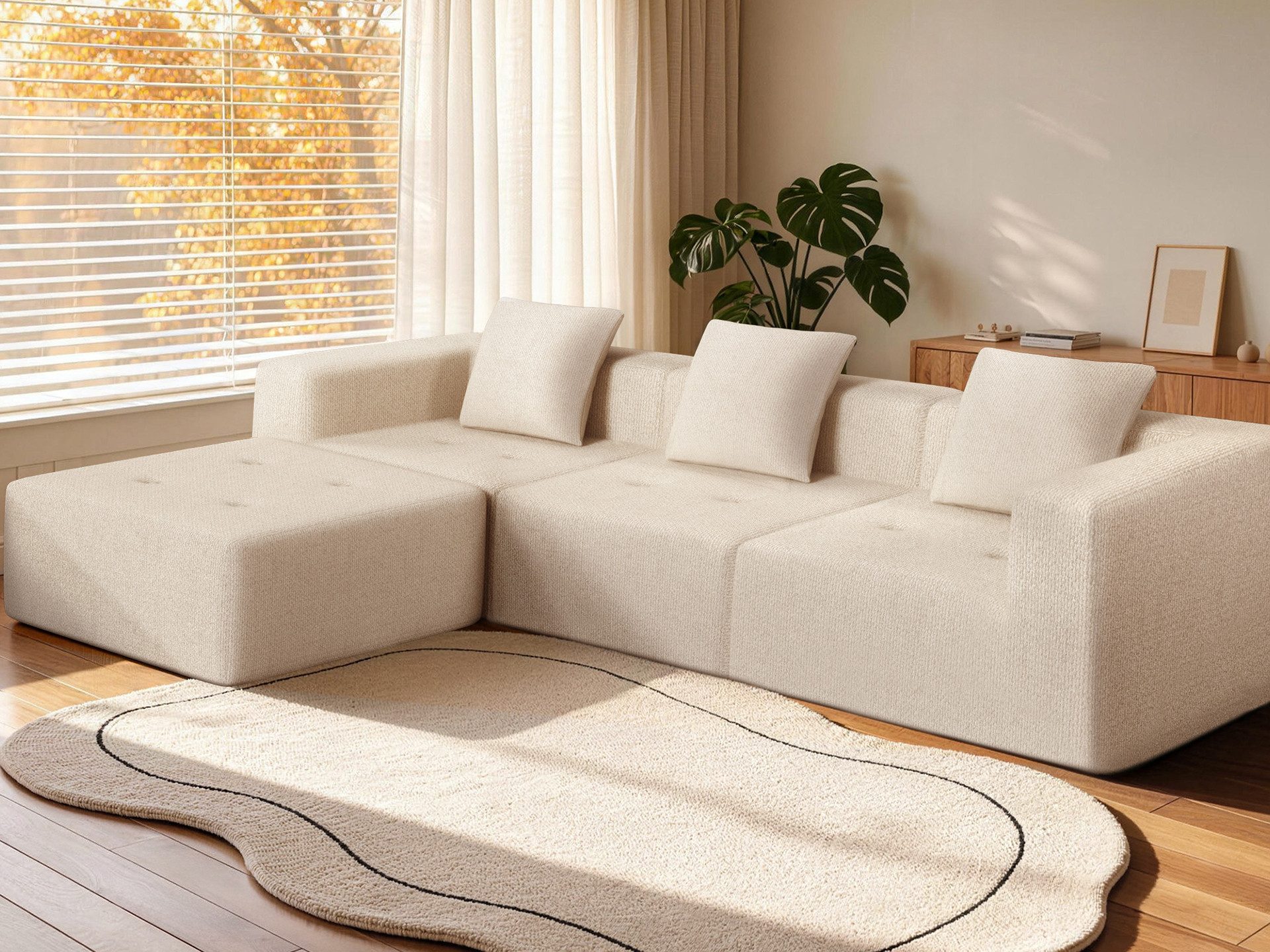 Elekiatech Ecksofa L-förmiges Sofa, modulares Schlafsofa, DIY Kombination,B: 258.5cm, mit großer Chaiselongue und 3 Dekokissen, Chenille-Struktur keine Montage erforderlich
