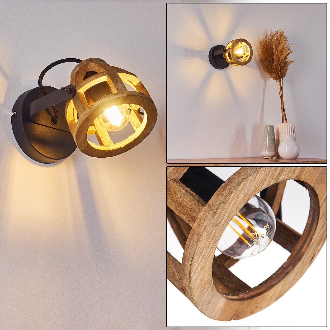 hofstein Wandleuchte Holz/schwarz Wohn Schlaf Zimmer günstig online kaufen