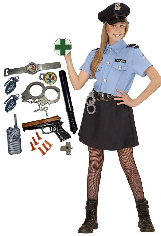 Karneval-Klamotten Polizei-Kostüm Polizistin Cop Uniform Mädchen mit Polizei Set, Kinderkostüm Komplett Polizei Mütze und Spielzeug Set Faschingskostüm