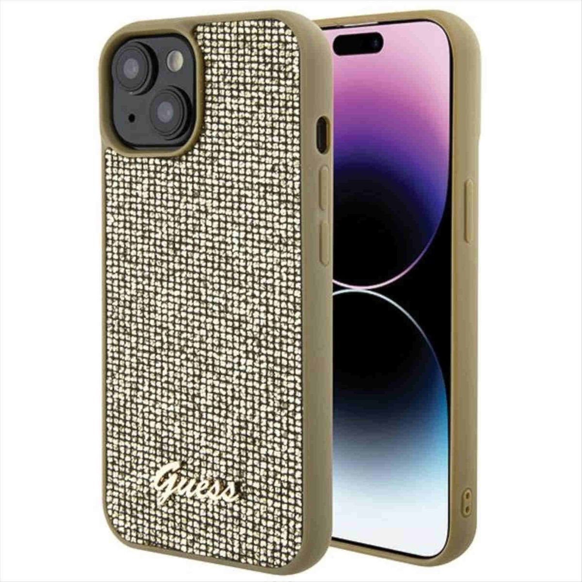 Guess Smartphone-Hülle Guess Apple iPhone 15 Schutzhülle Cover Disco Metal Script Gold