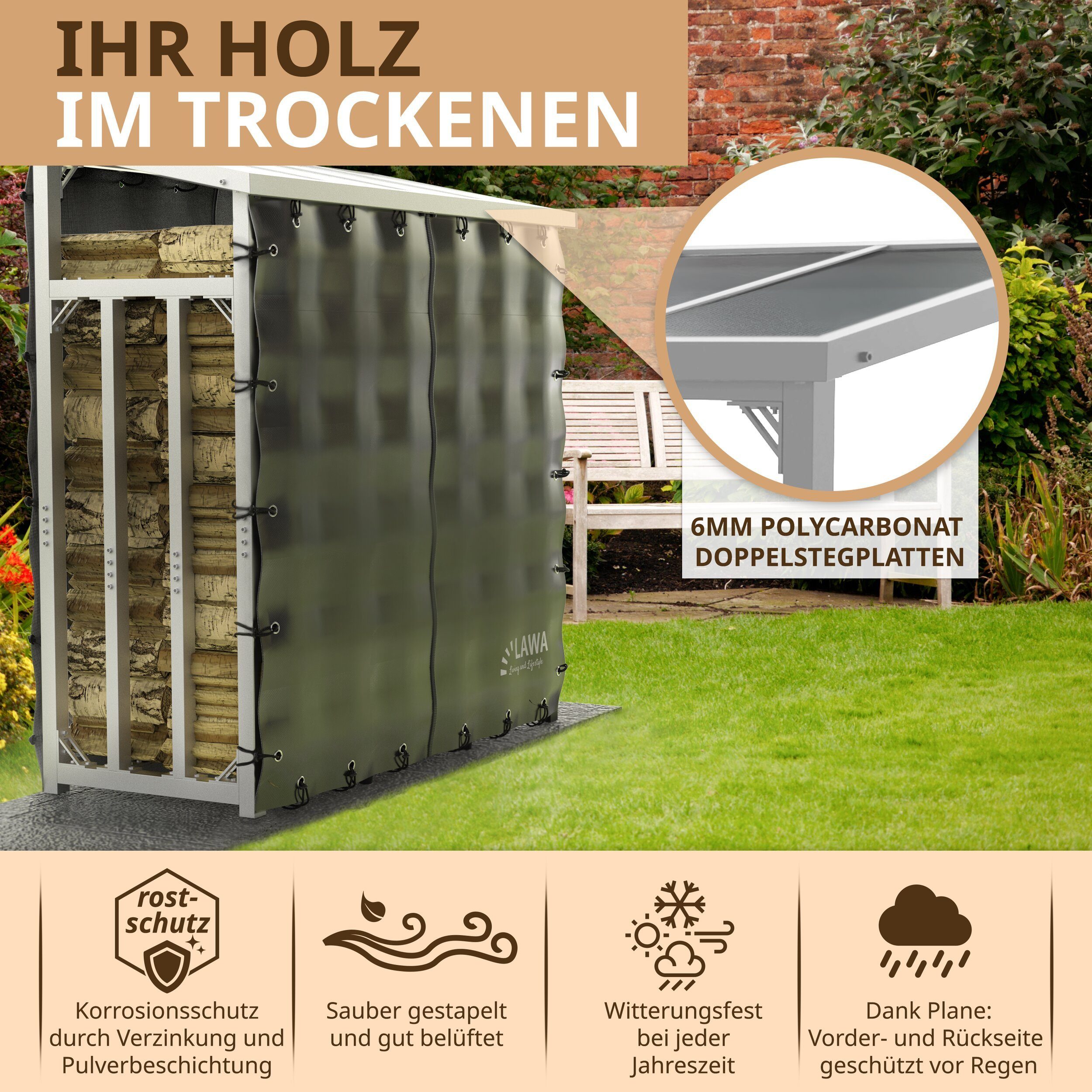 LAWA Living and Lifestyle Kaminholzregal außen Dach Holzunterstand mit Rückwand VERZINKT Brennholz Regal Metall, BxTxH:188x70x188 cm, (Set, mit Abdeckplane / Abdeckung), Stapelhilfe Holz, pulverbeschichtet, mit Plane