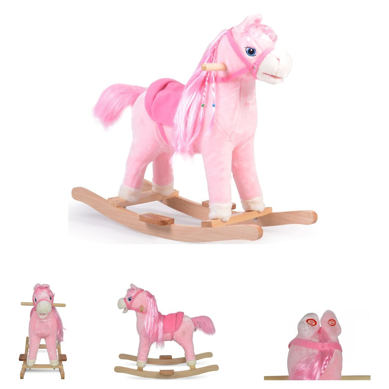 Moni Schaukeltier Rose WJ-001, Plüsch, Sound, Sattel, Kufen, Steigbügel, pink, bis 50 kg, Holzgriffe