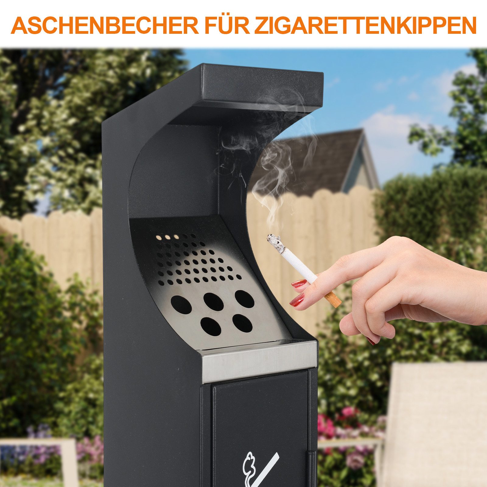 TWSOUL Aschenbecher Feuerfester Steh-Aschenbecher aus verzinktem Stahlblech, Wetterbeständig & mit großer Kapazität für Außenbereiche,17*17*93cm
