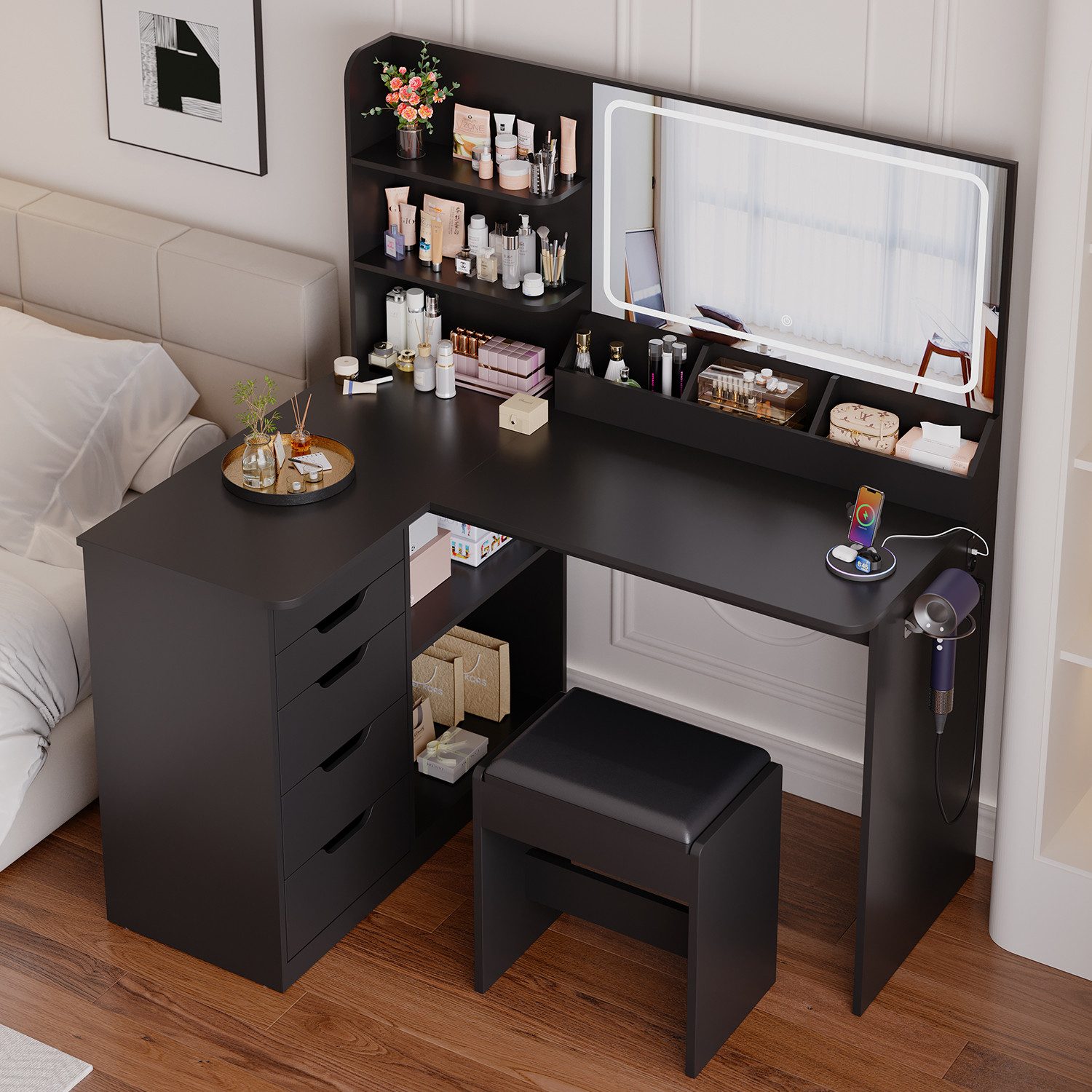 HOMALL Schminktisch Mit Stuhl und dreifarbigem LED-Spiegel, Helligkeit eins günstig online kaufen