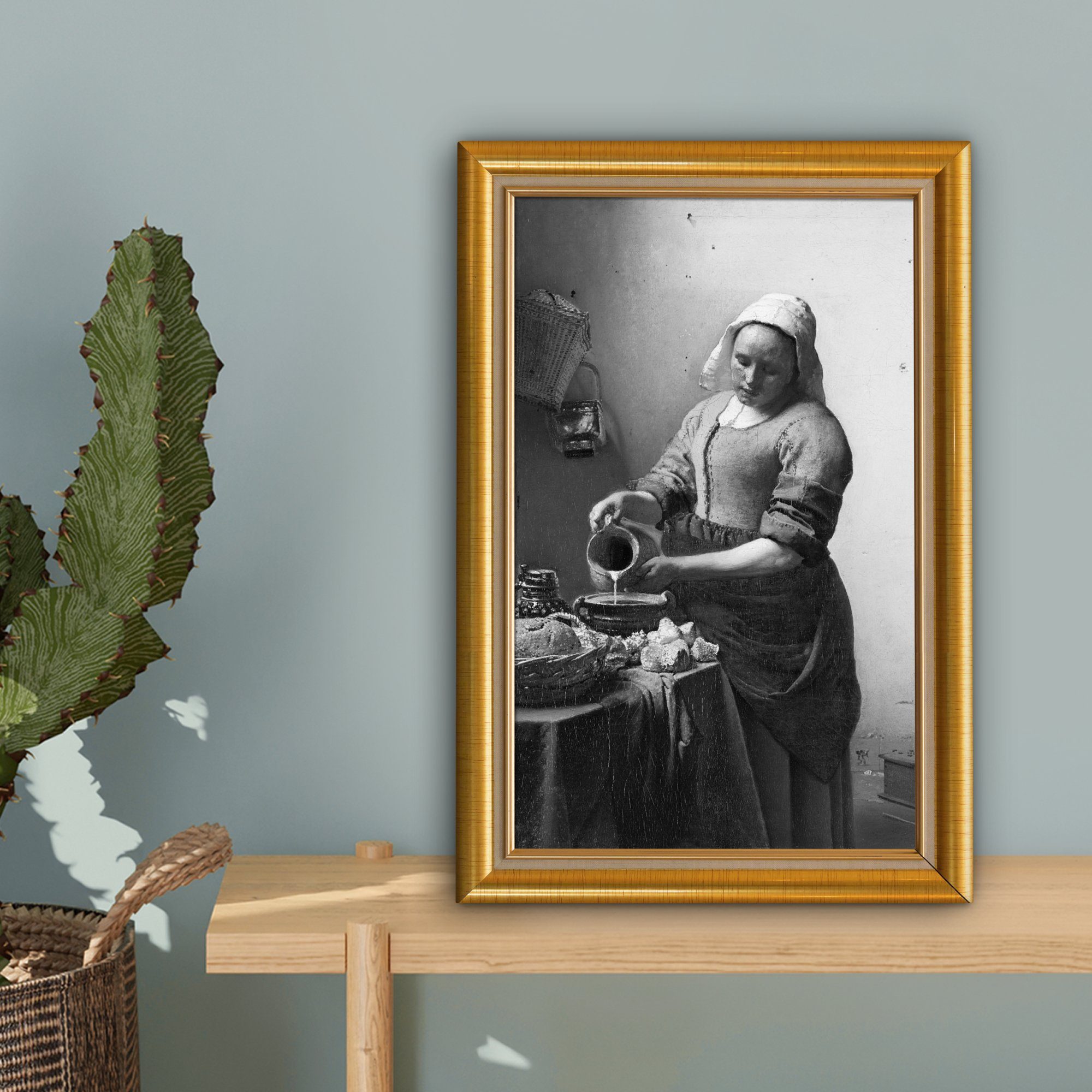 Vermeer - 20x30 - Leinwandbild - cm Gemälde, inkl. bespannt Gold, (1 Milchmädchen Zackenaufhänger, St), fertig OneMillionCanvasses® Leinwandbild Rahmen