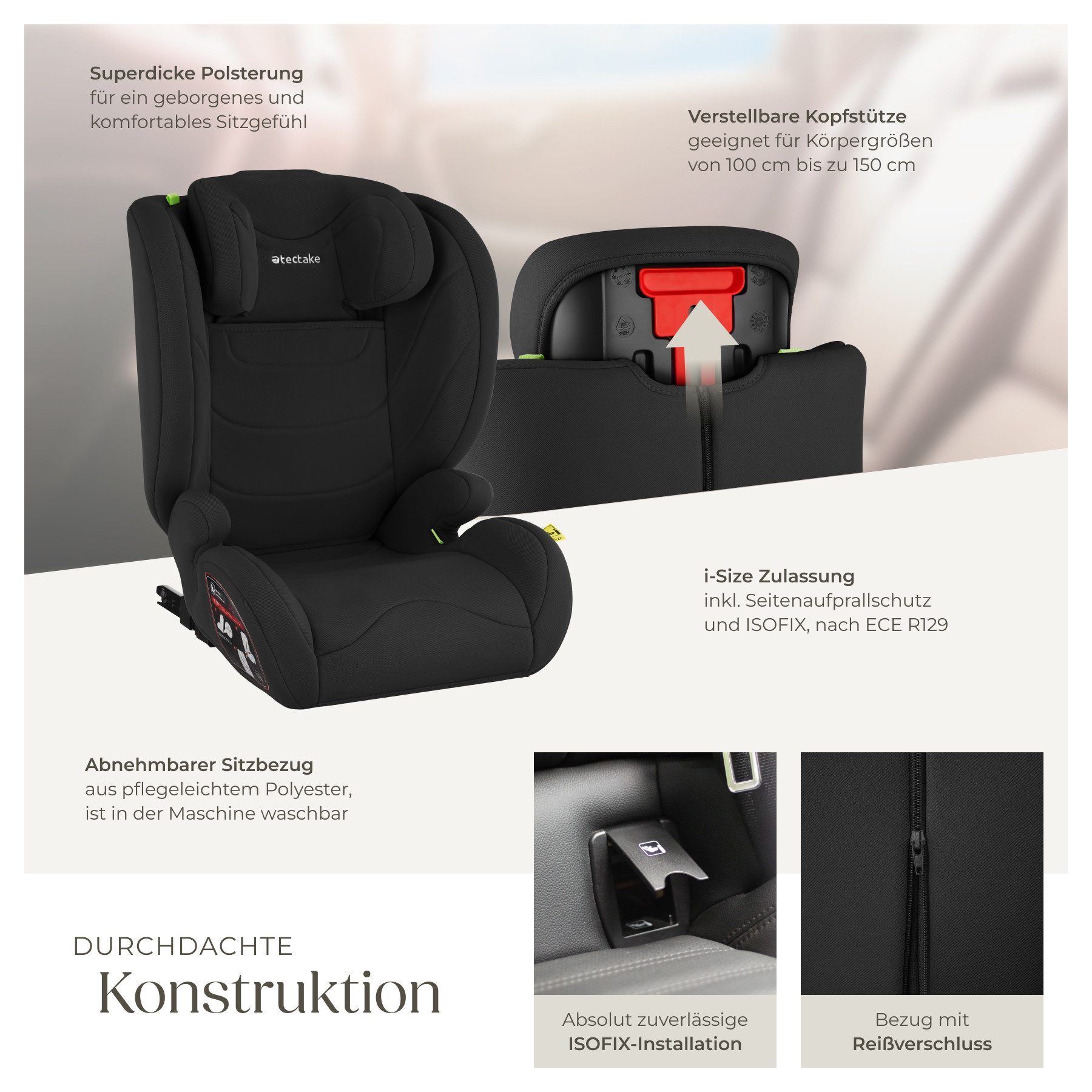 tectake Autokindersitz Autositz, (Klasse I / II / III (9-36 kg), Stufenlos höhenverstellbare Kopfstütze