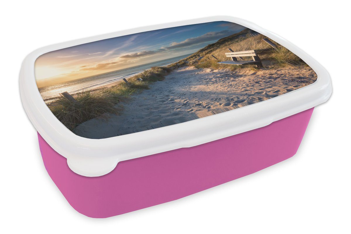 MuchoWow Lunchbox Sonnenuntergang - Strand - Düne - Gras - Bank, Kunststoff, (2-tlg), Brotbox für Erwachsene, Brotdose Kinder, Snackbox, Mädchen, Kunststoff rosa