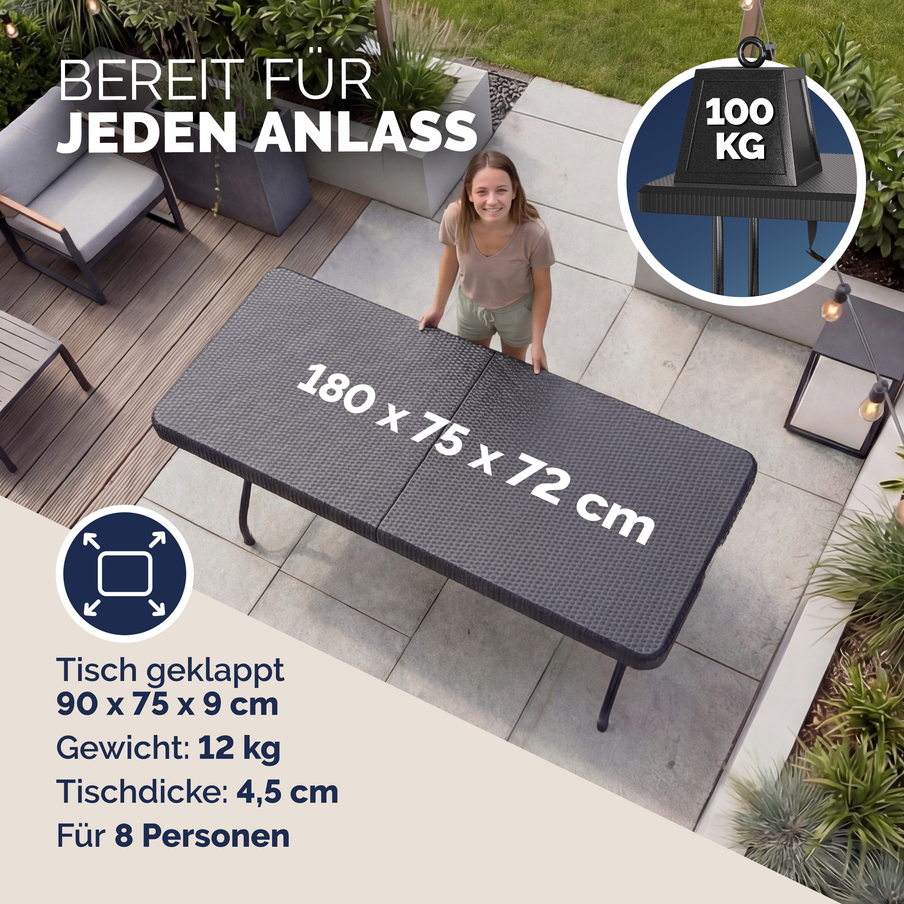 Casaria Gartentisch Malmö (1-St), 180x75cm Klappbar Wetterfest Tragbar Garten Camping Buffettisch Party