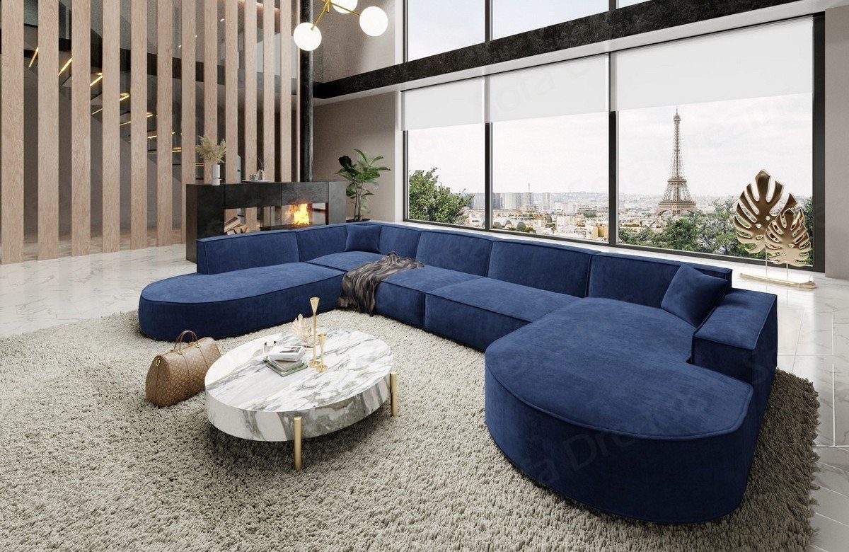 Sofa Modern Alegranza Form Couch U Stoff Designer Wohnlandschaft Sofa Dreams Stoffsofa Dunkelblau-Mo77