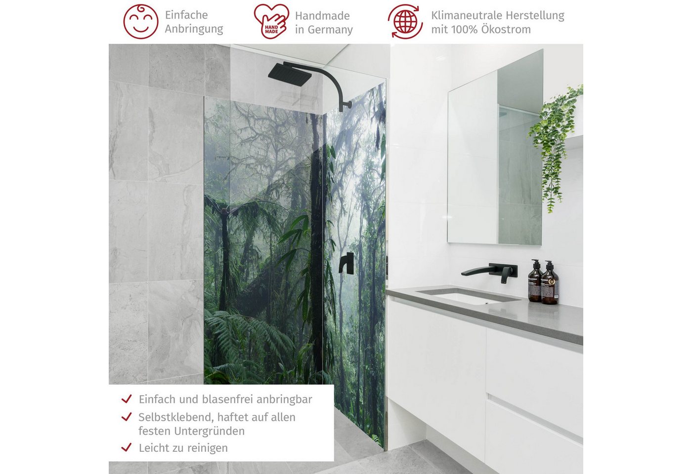 Thumbnail - Bilderdepot24 Badrückwand Fliesen Wald grün Duschrückwand ohne Bohren Dusche Natur, (2-tlg., Hart-Folie Smart matt 0,35 ...