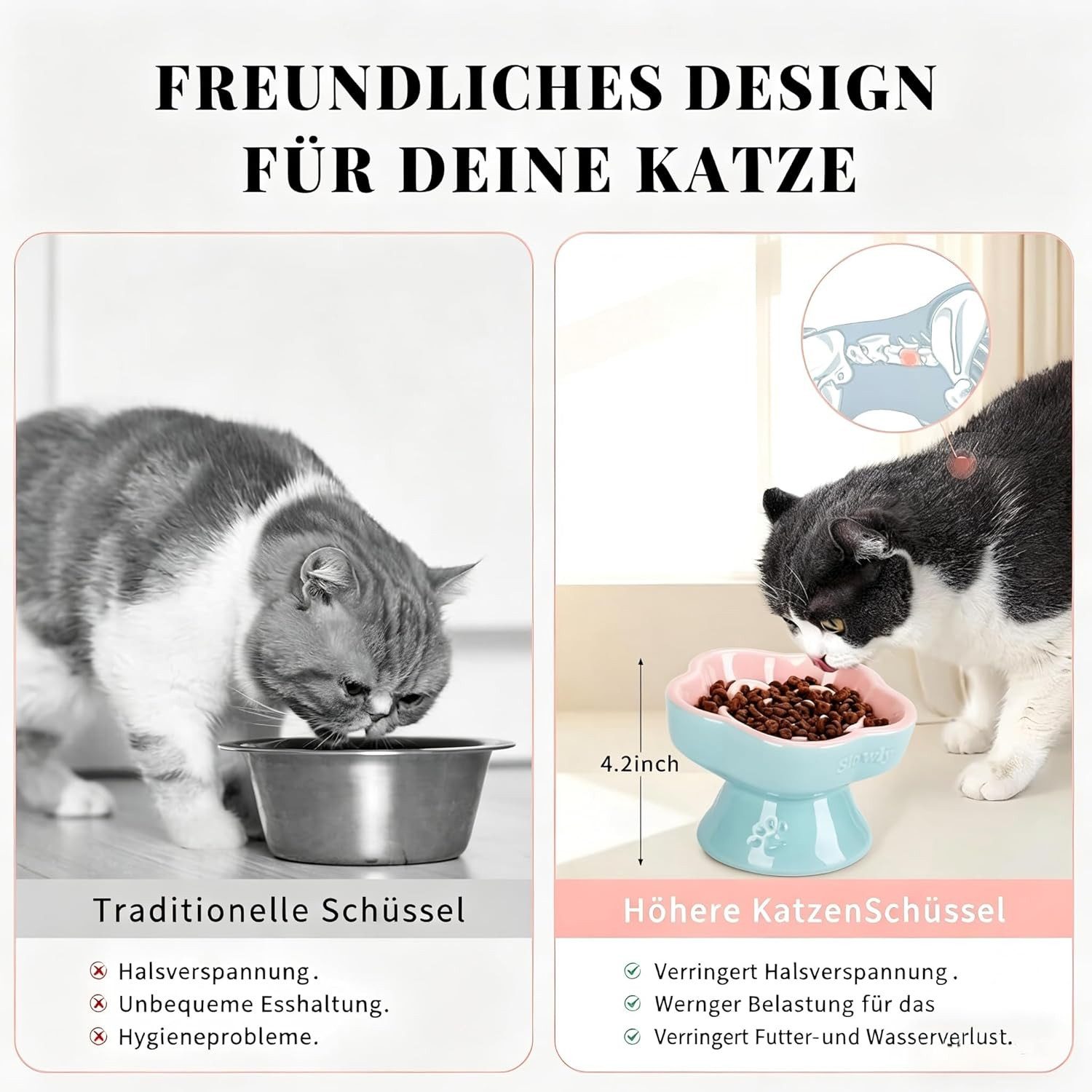 FELIXLEO Antischlingnapf Anti Schling Napf Katze Erhöht Keramik Fressnapf Blumenmuster