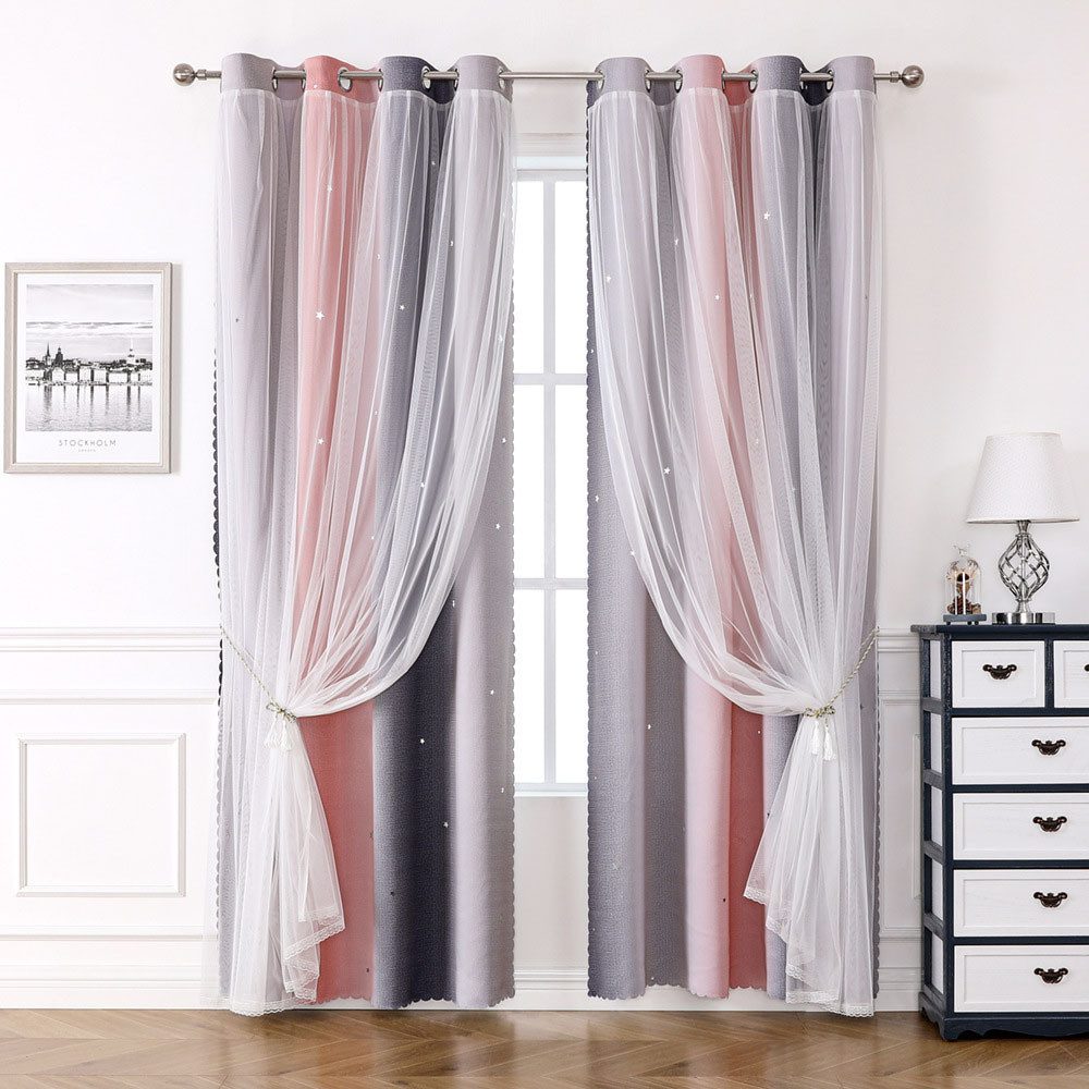 TUWENA Verdunkelungsvorhang Verdunkelungsvorhänge, Glänzend Sterne Vorhänge Farbverlauf 2er Set, Sterne Pattern Mix Weiß Voile Vorhänge mit Ösen Schlafzimmer Gardinen