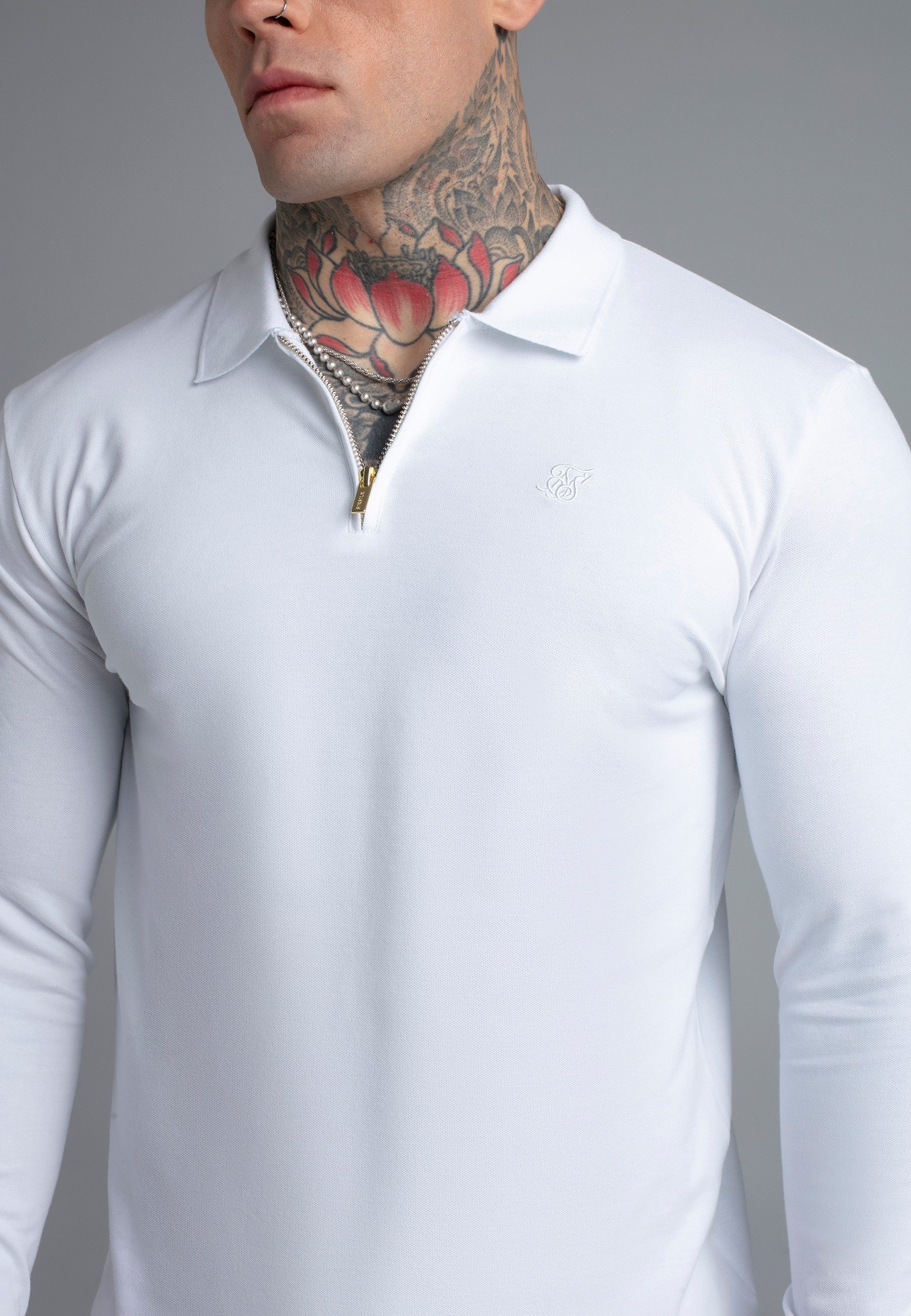 Siksilk T-Shirt SikSilk Herren Weißes Langarm Zip-Polo T-Shirt