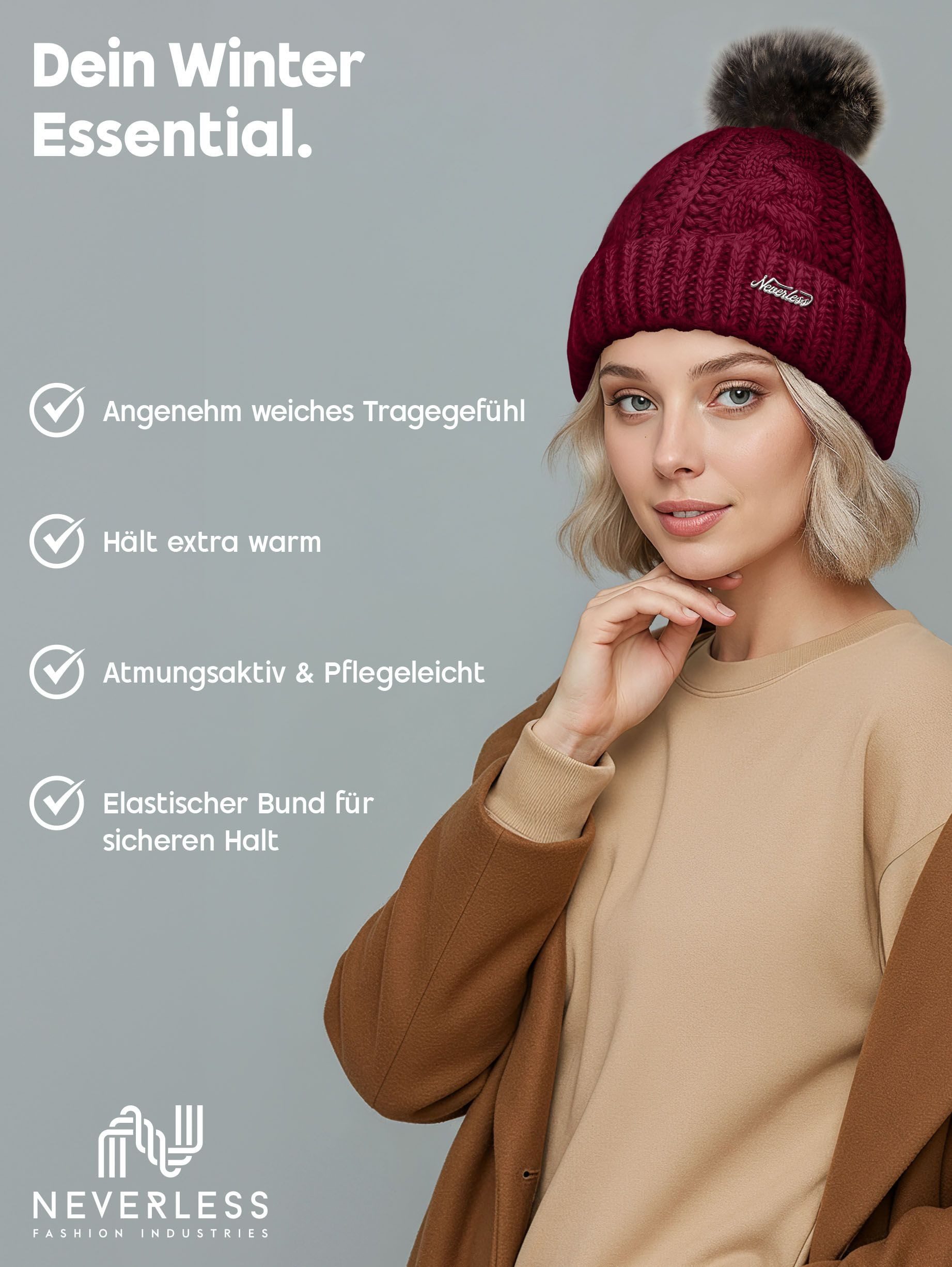 Neverless Bommelmütze Damen Strick-Mütze gefüttert Fell-Bommel günstig online kaufen