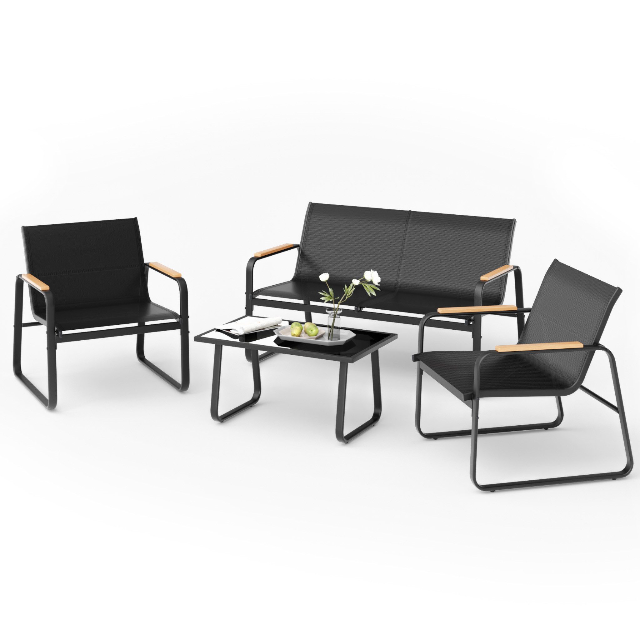 Mondeer Balkonset Gartenmöbel Set 4-tlg, (1 Tisch mit 1 Doppelstuhl 2 Einzelstühlen), Mesh-Gewebe & Holz-Kunststoff-Armlehnen, Schwarz