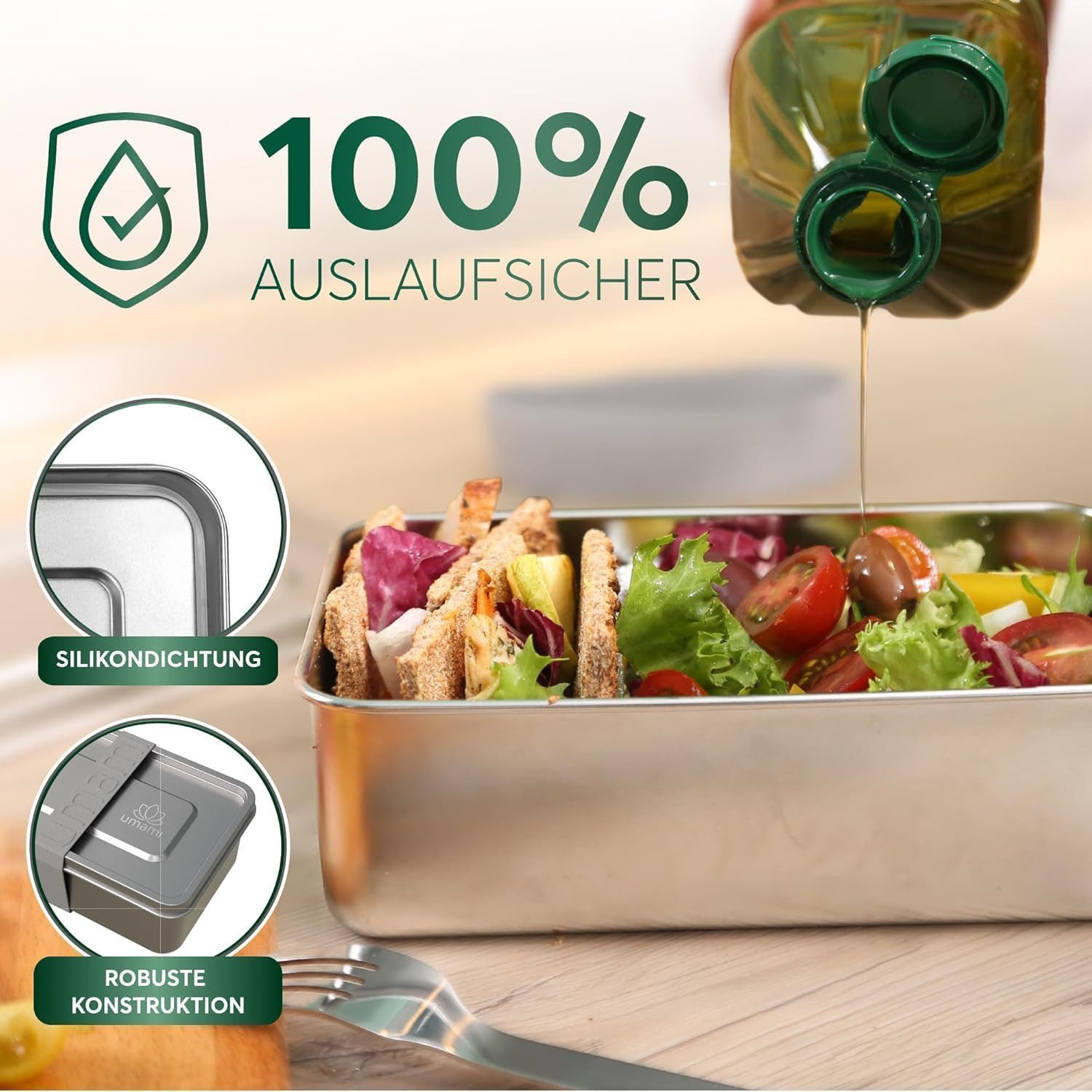 UMAMI Lunchbox mit Gabel & Verstellbarem Trenner, Mikrowellen Spülmaschinenfest, Edelstahl, Auslaufsicher für Erwachsene, Metall-Bento-Box