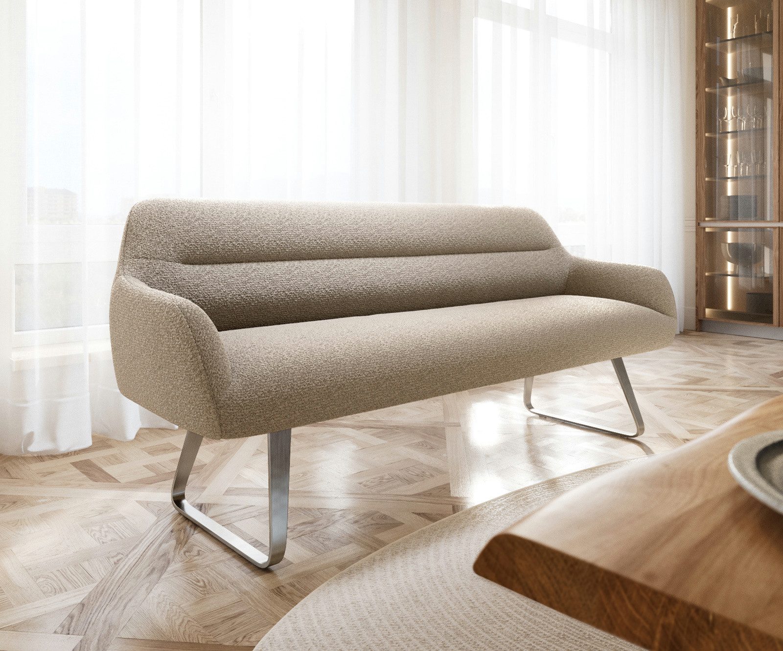 DELIFE Essbank Taya-Flex, 200 cm Kufengestell flach Edelstahl Bouclé Schlamm Taschenfederkern Es