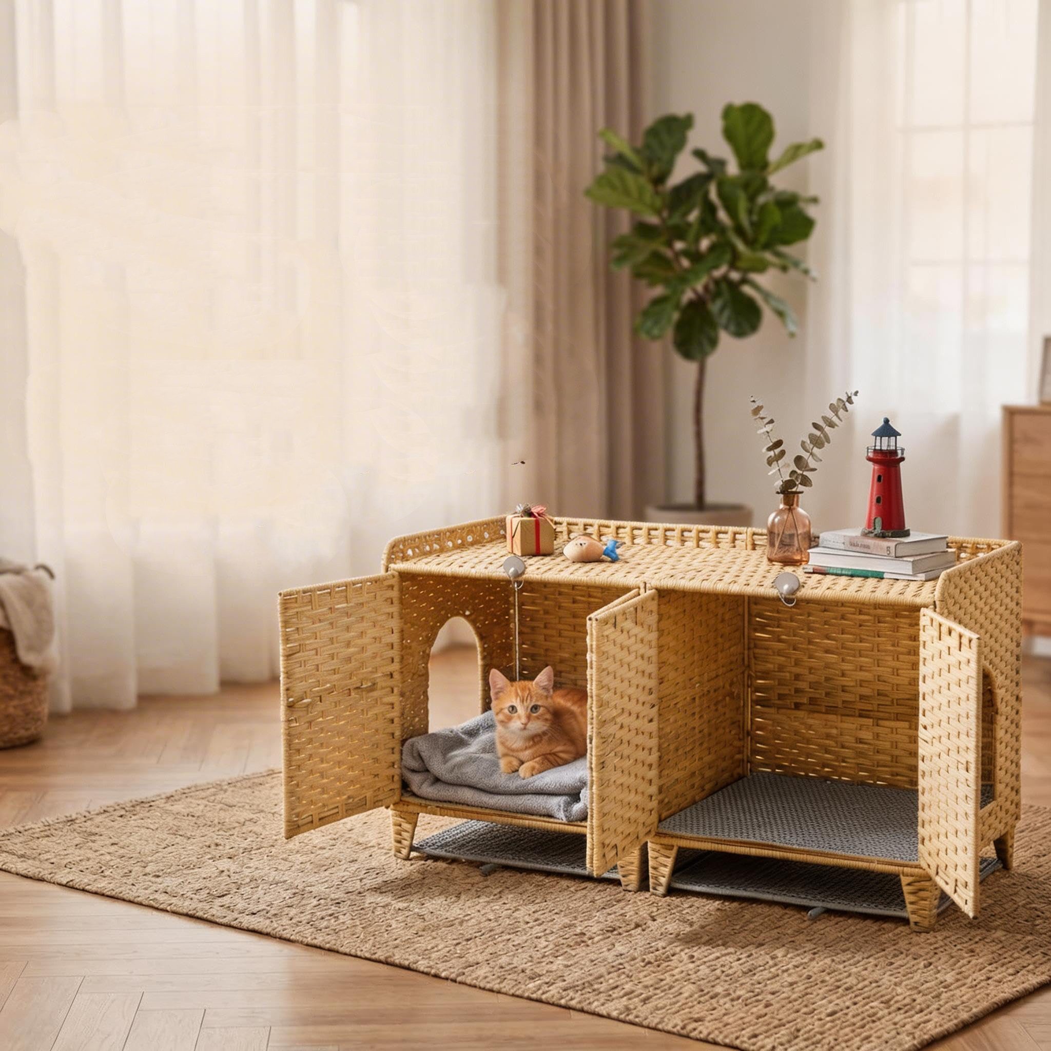 GarveeMore Katzentoilette Rattan Katzenklo Einhaus mit Tür, Matte und S-Haken, versteckte