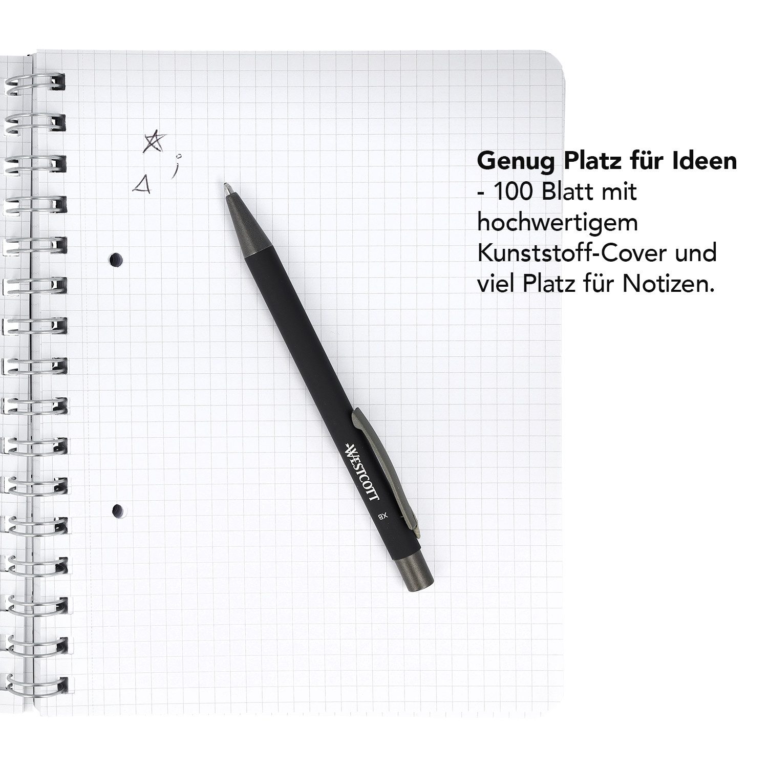 WESTCOTT Notizblock Spiralblock Notizbuch A5 kariert, 200 Seiten Ringbuch perforiert, Premium 80 g/m² Papier, Kunststoffcover – Bild 2 von 5