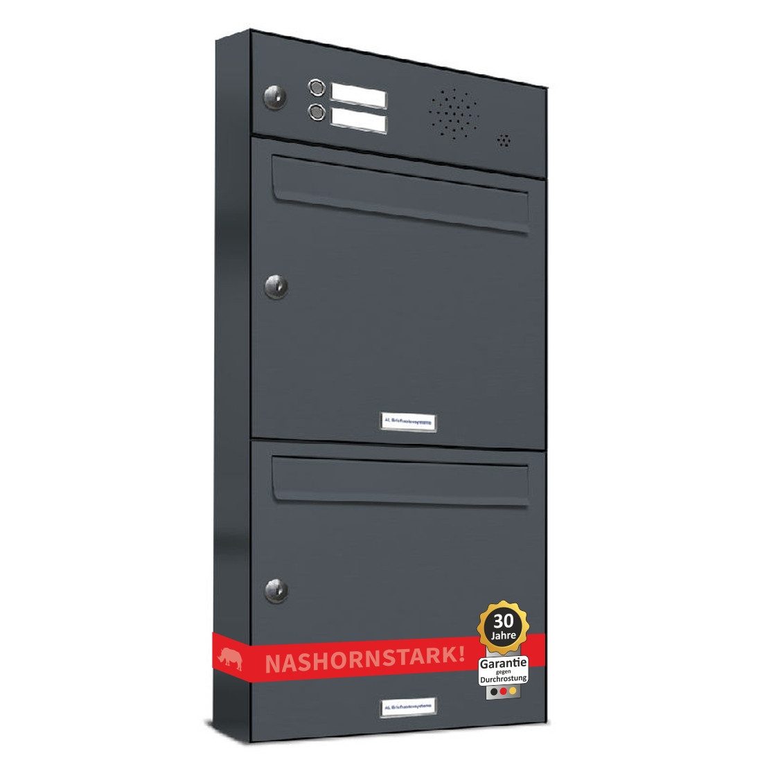 AL Briefkastensysteme Wandbriefkasten 2 Fach Premium Briefkasten A4 in RAL 7016 Anthrazit Grau wetterfest