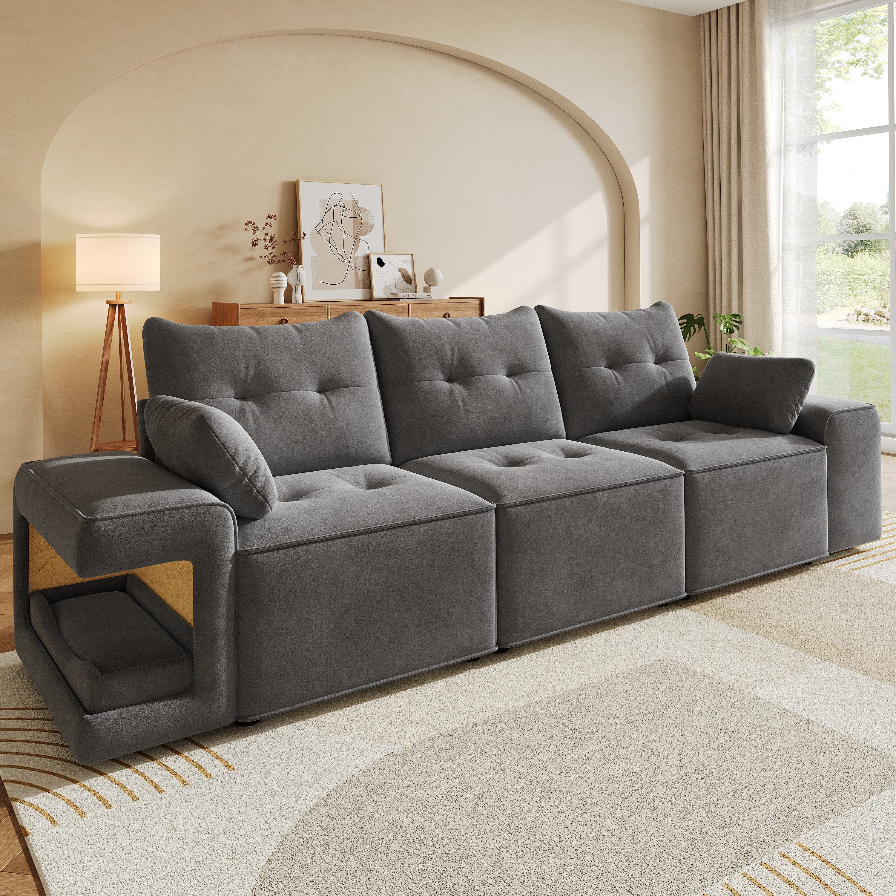 Flieks 3-Sitzer modulares Schlafsofa mit Stauraum & gepolstertem Haustierbereich, 229,5x78x84 cm, Cloud-Sofa Couch inkl. 2 Zierkissen Big-Sofa Samtstoff Beige – Bild 3 von 5