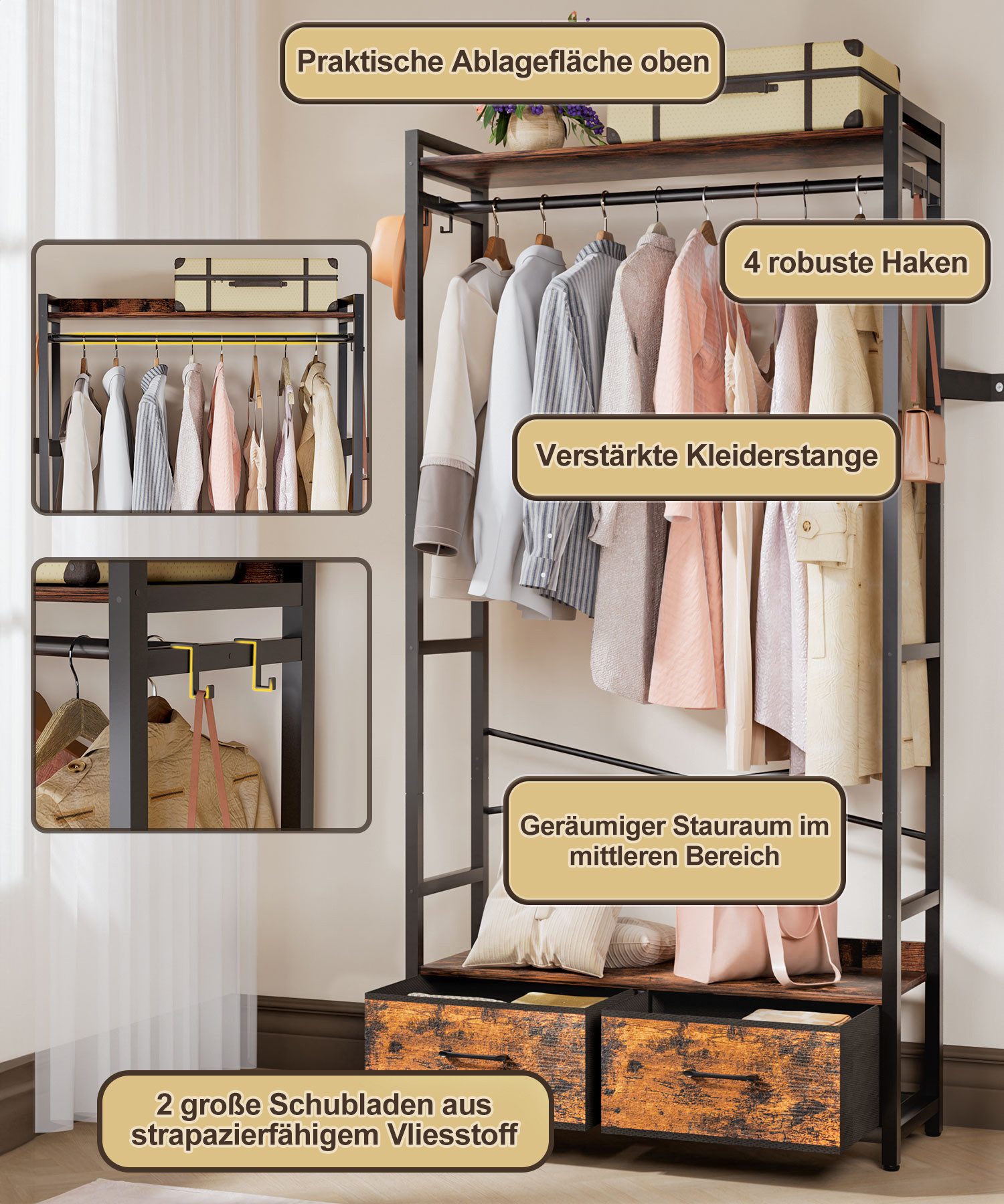 Yorbay Kleiderständer Garderobenständer mit 2 Schubladen & Aufbewahrungsbox,84x30x181 cm, 180kg Traglast,Retro Design für Schlafzimmer, Flur